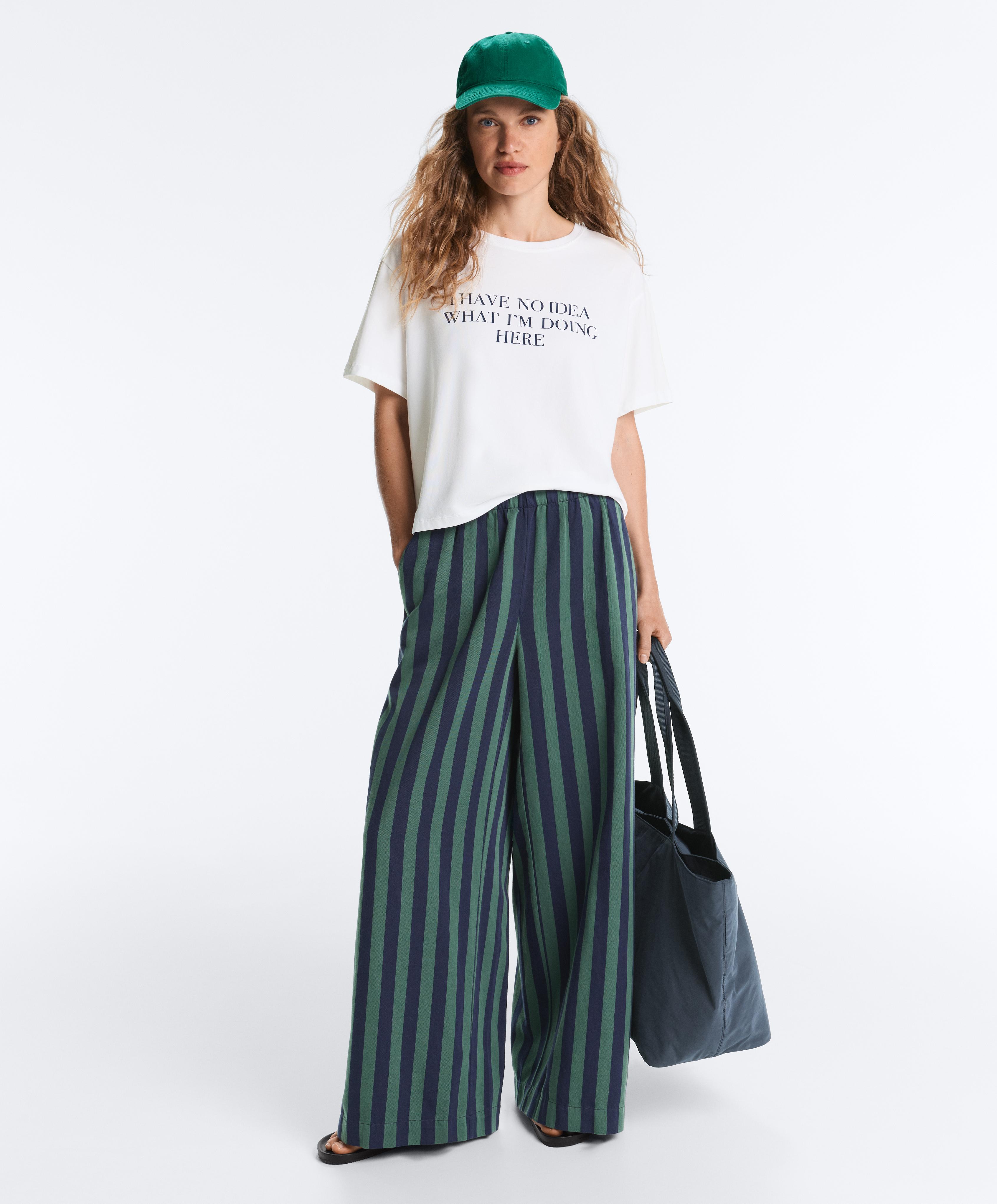 Wide-leg cotton blend striped trousers — GREEN
