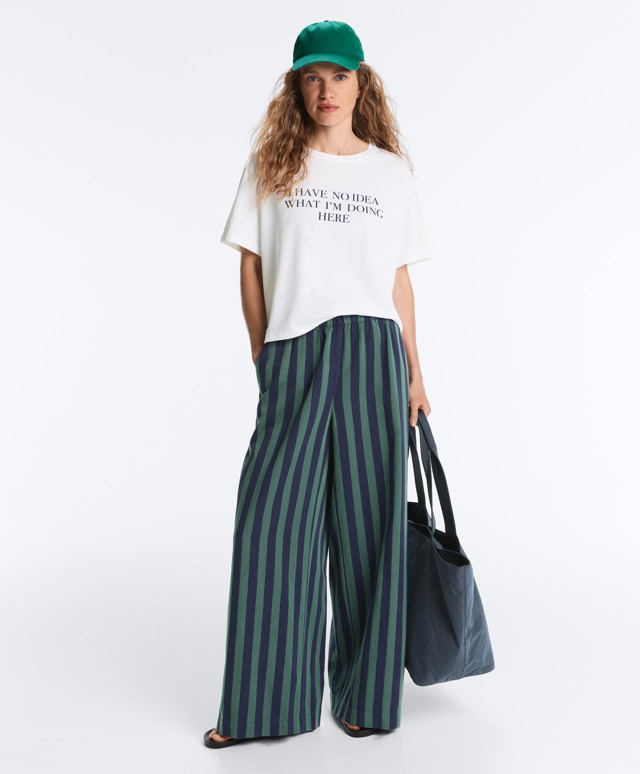 Wide-leg cotton blend striped trousers — GREEN