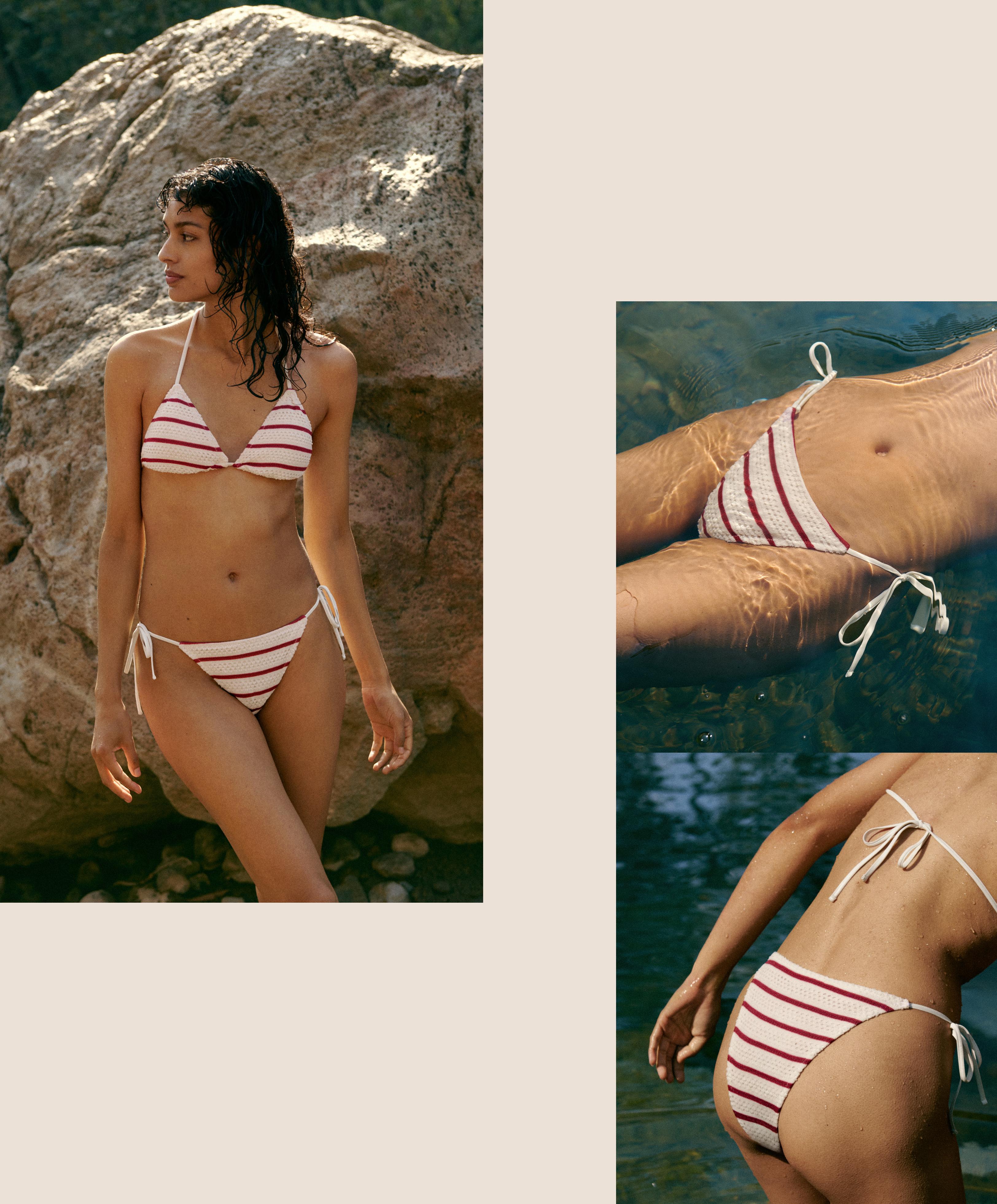 Medium-coverage striped crochet tie bikini briefs — ECRU