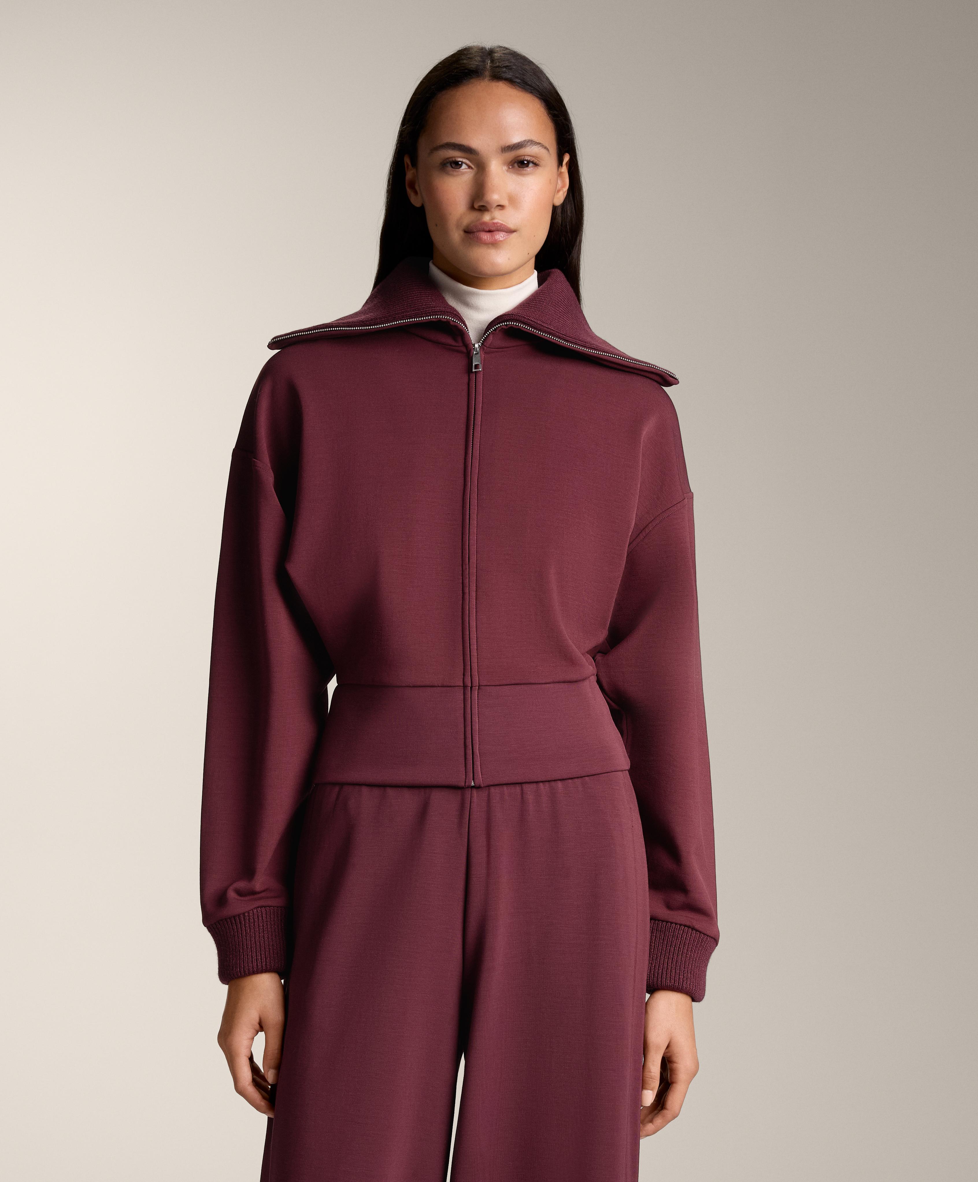 Fitted waist knit collar jacket with brushed modal — MAROON