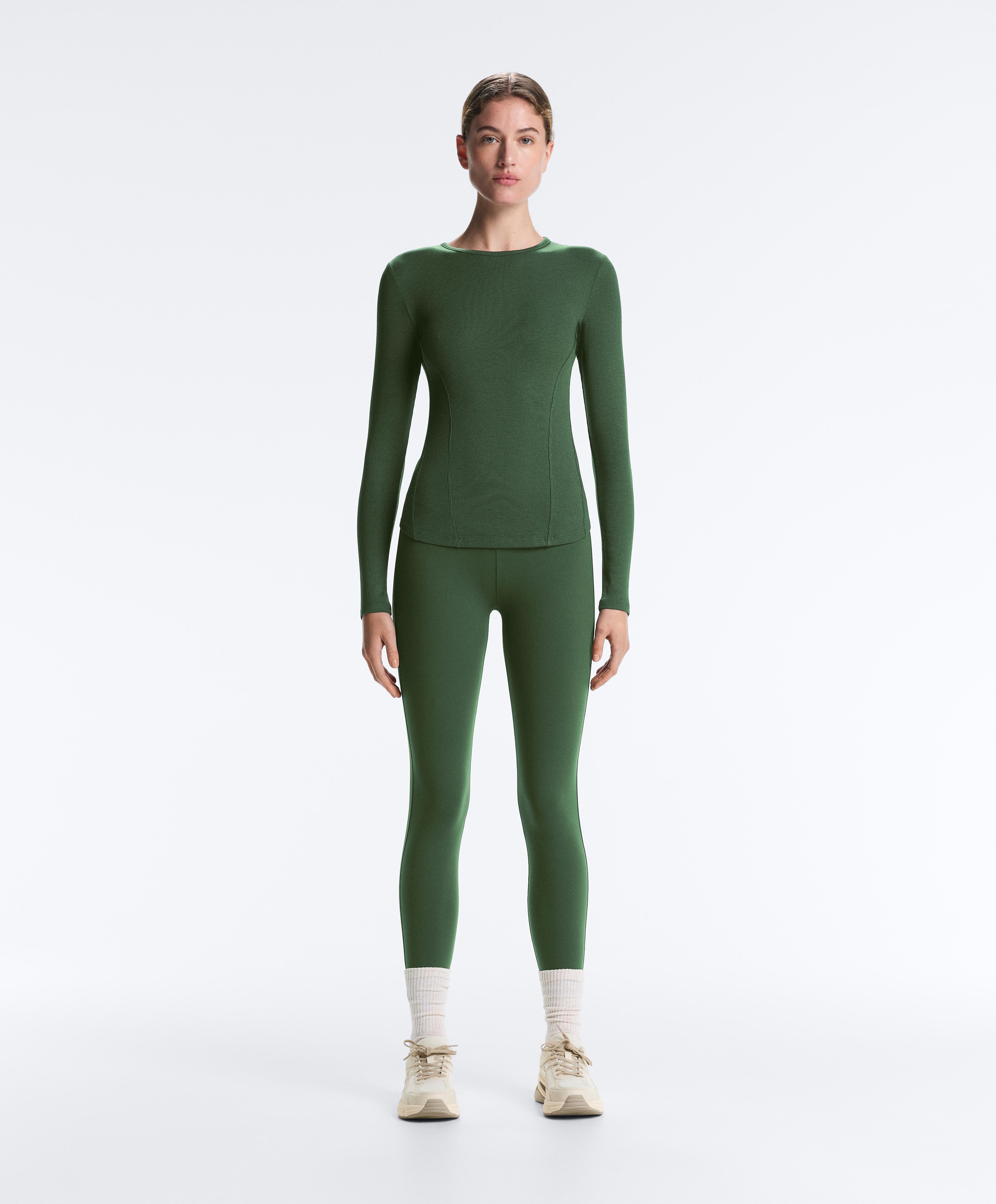 Fitted long sleeve rib T-shirt with cotton and modal — GREEN
