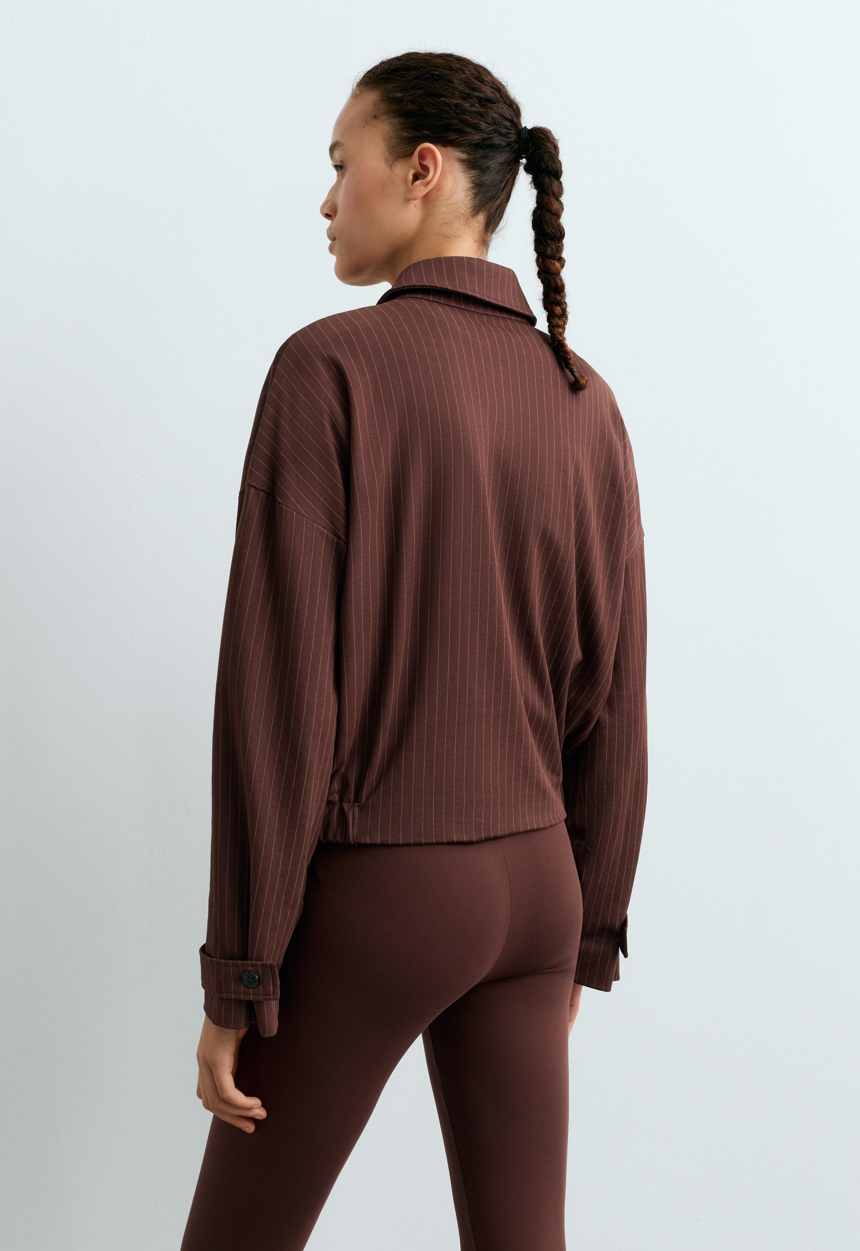 Pinstripe piqué polo neck jacket with cotton — CHOCOLATE