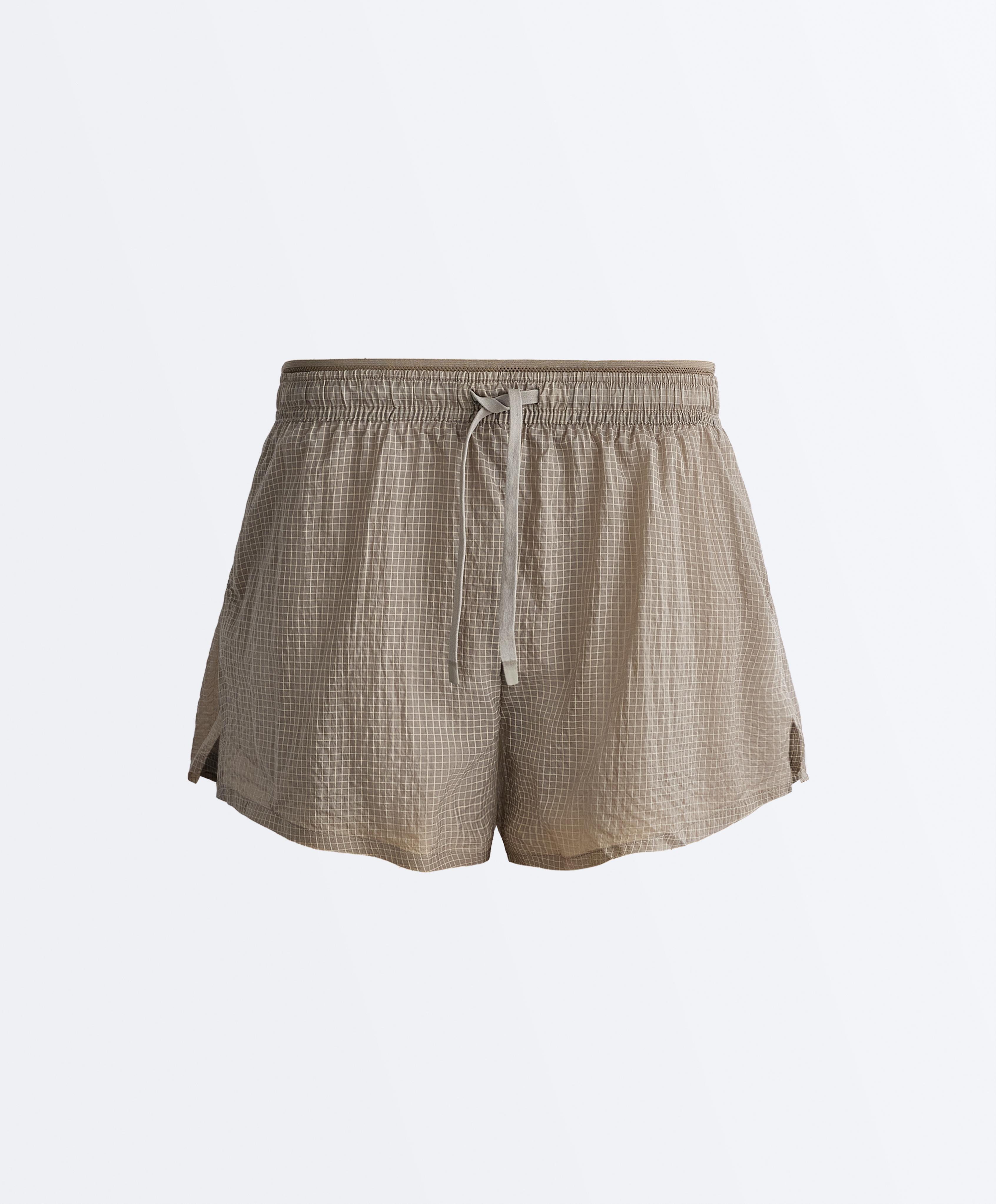Technical 2-in-1 checked mid-rise shorts — MINK GREY