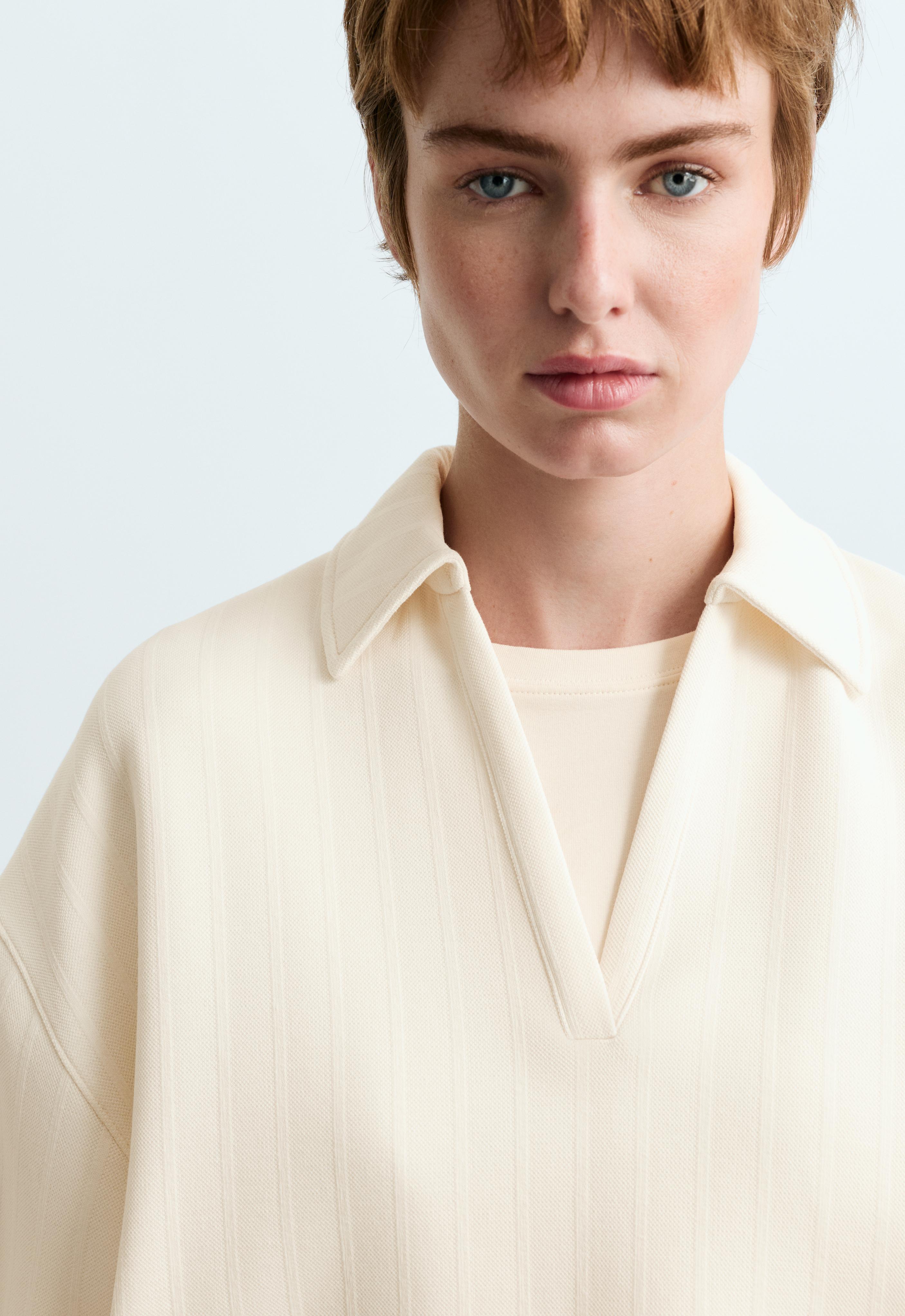 Striped cotton piqué polo shirt — PALE ECRU