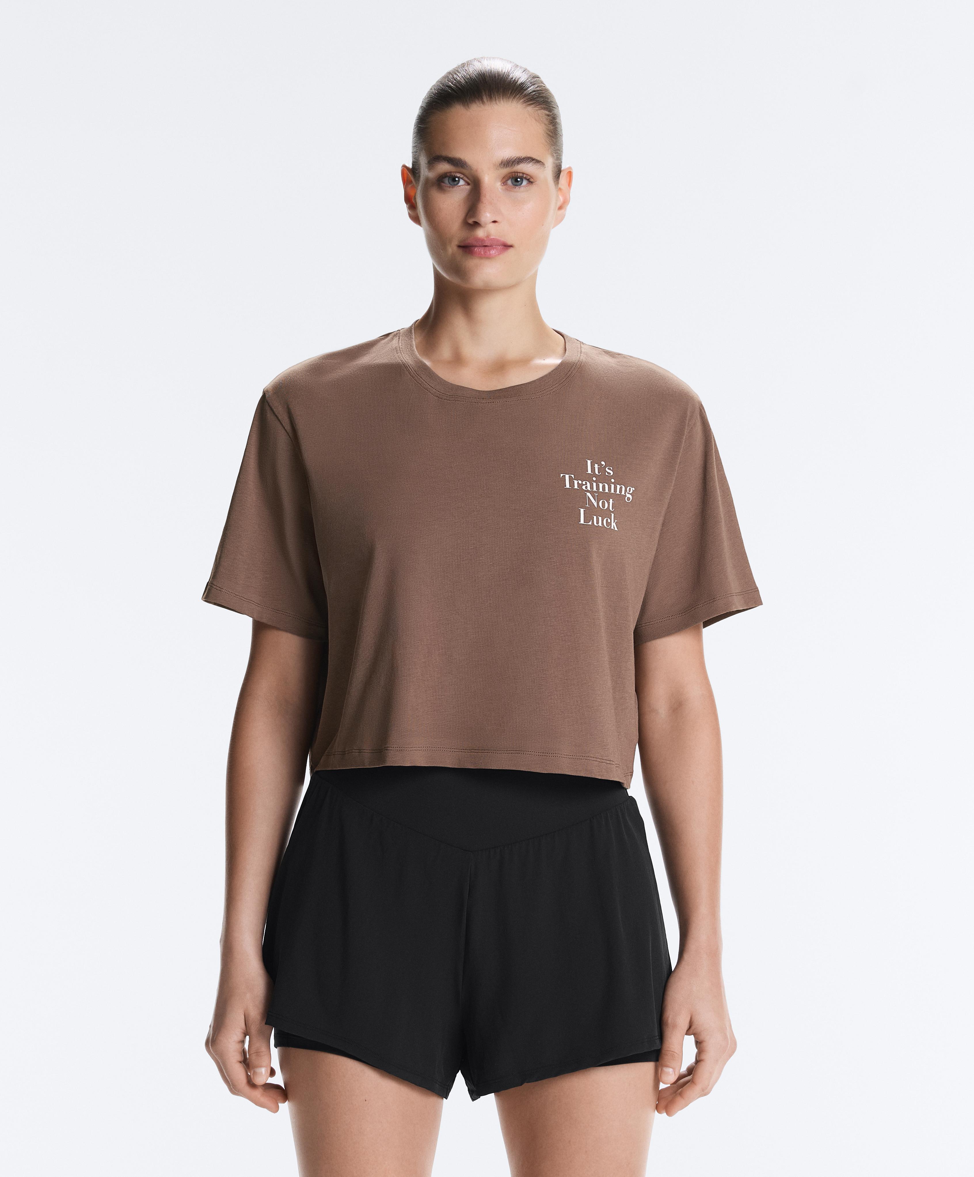 Boxy cropped cotton blend slogan T-shirt — BROWN