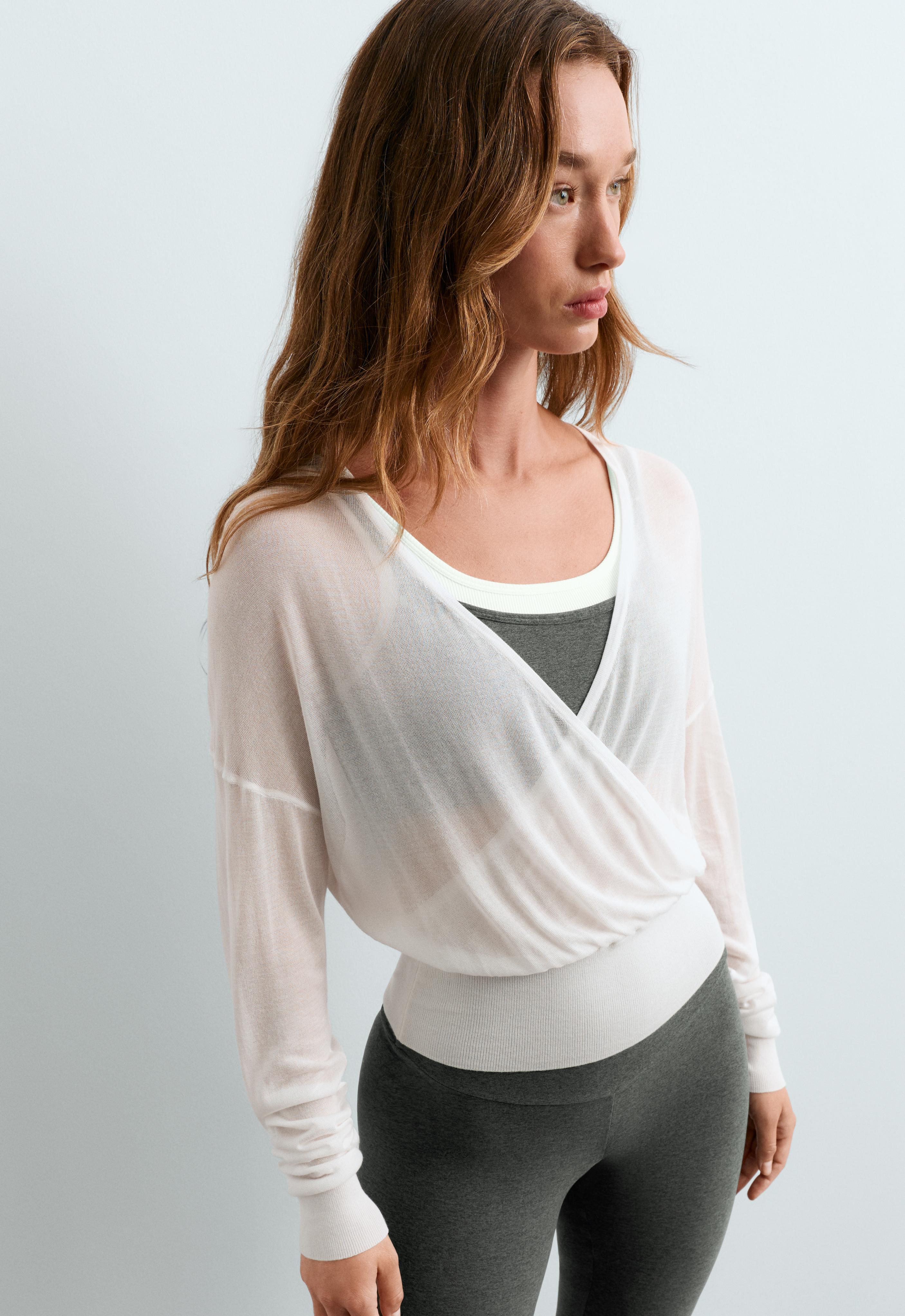 Lyocell blend sheer cross-over long sleeve T-shirt — WHITE 