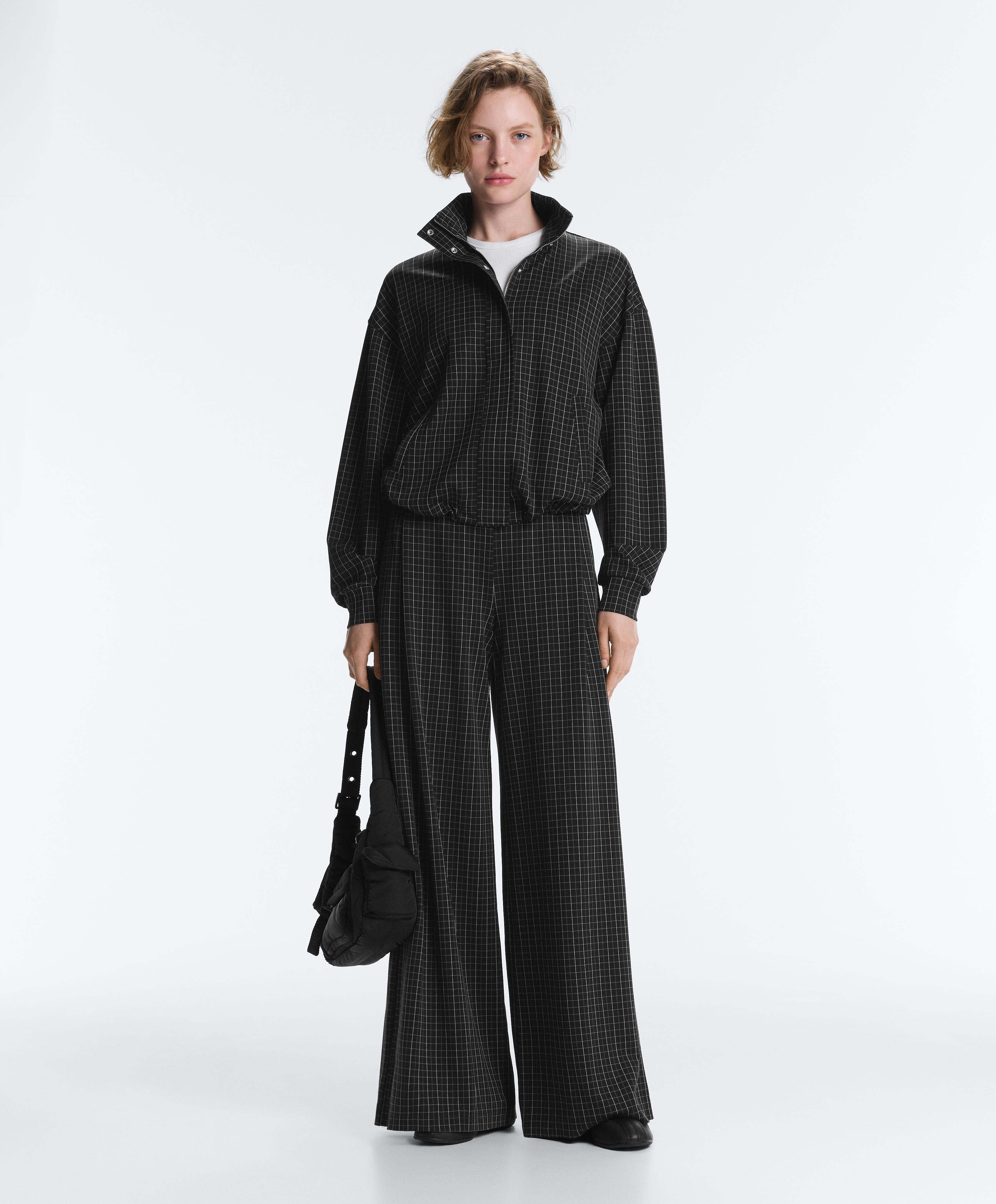 Check piqué jacket with high collar