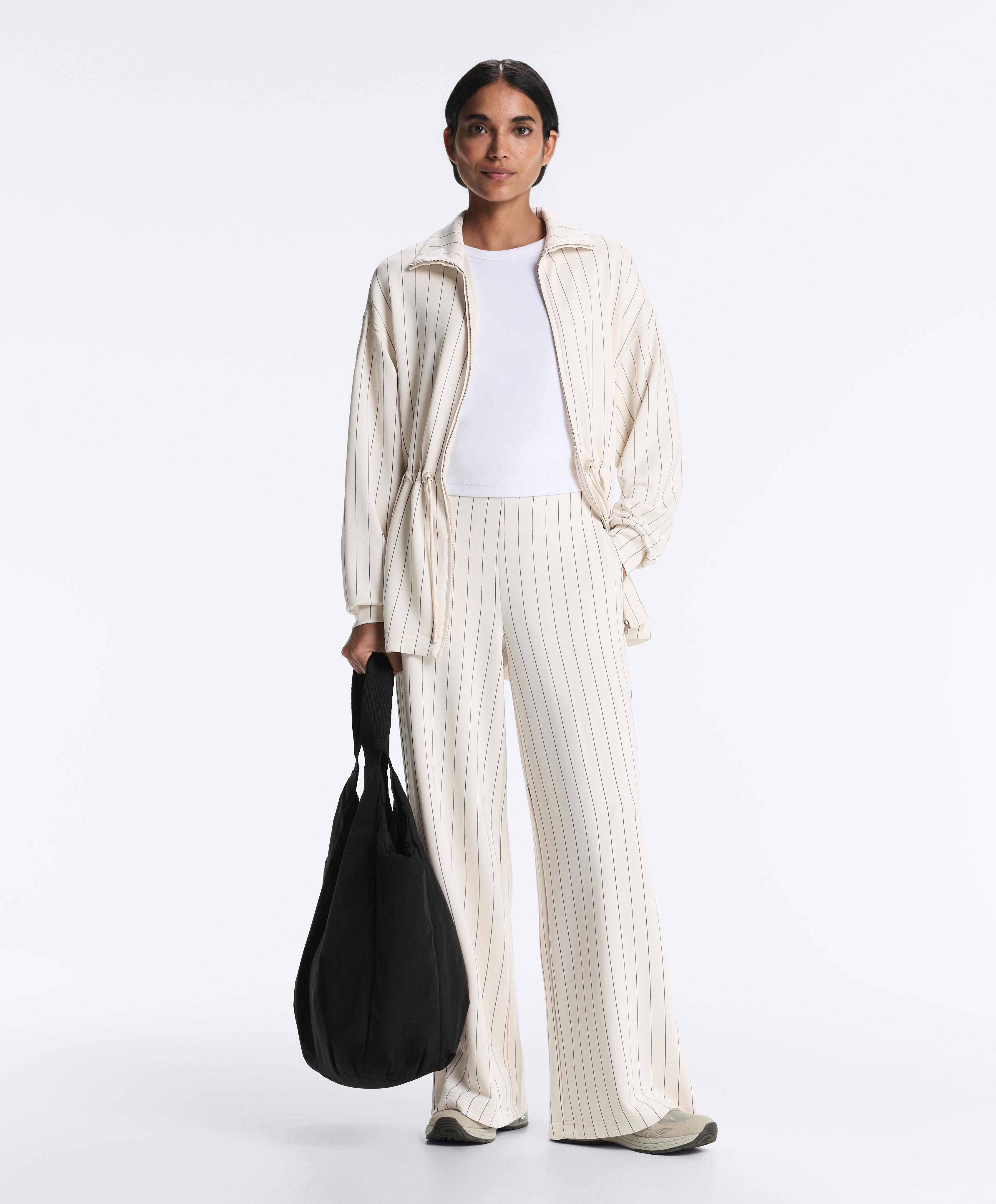 Soft touch pinstripe wide leg high rise trousers — ECRU