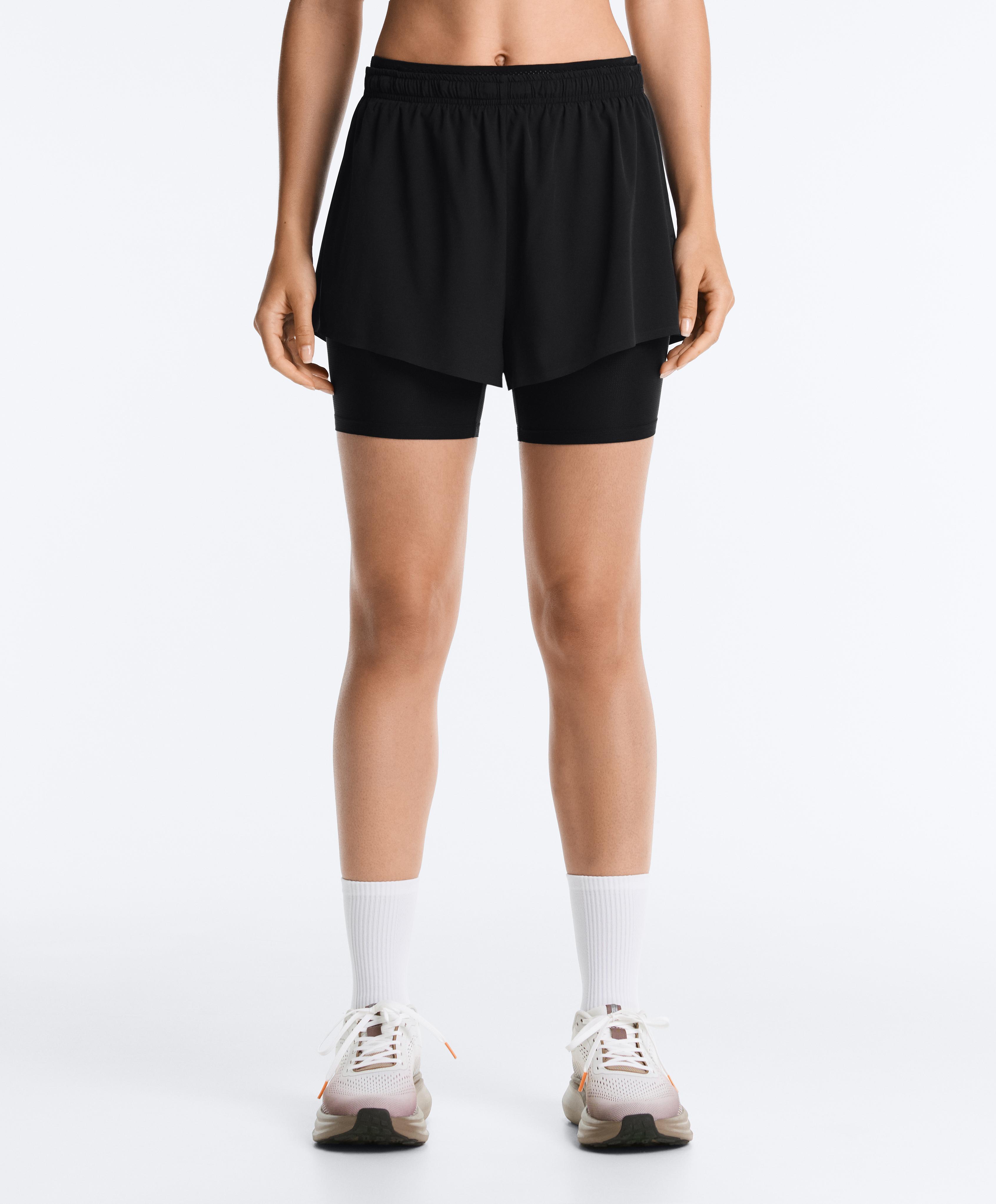 Mid rise 2-in-1 technical shorts — BLACK