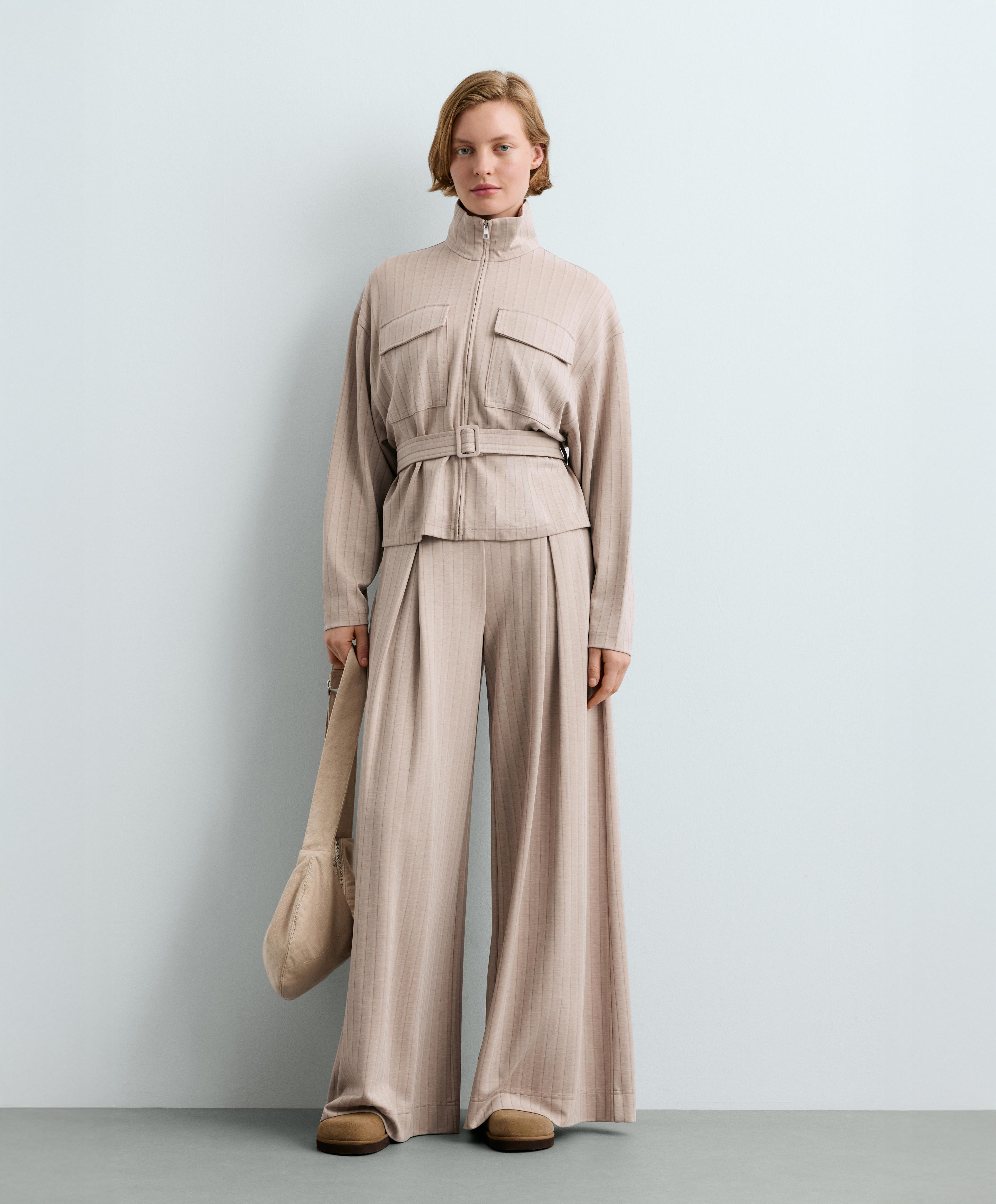 Soft-touch striped belted jacket — SOFT MINK