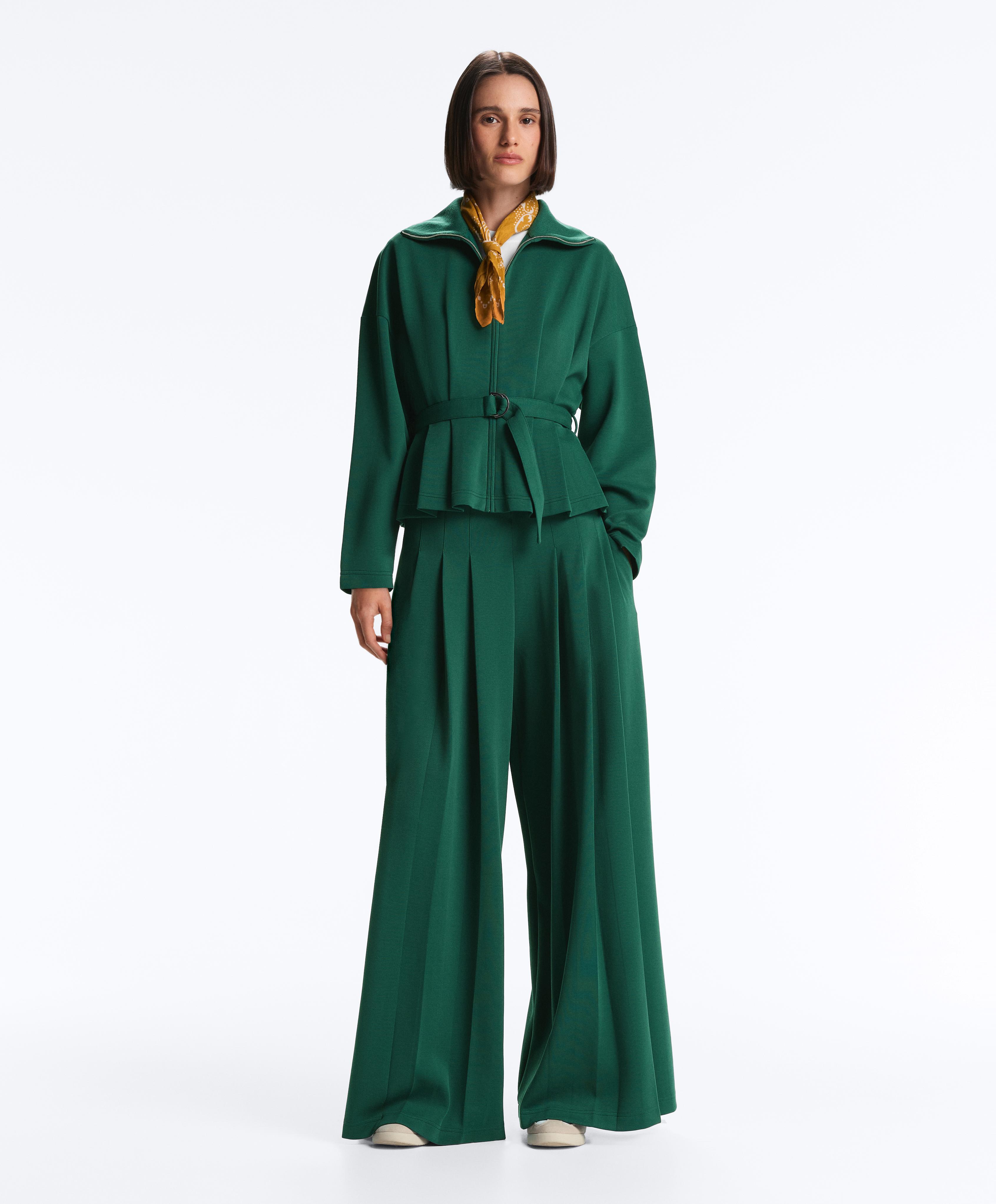 Cotton wide-leg pique pleated trousers