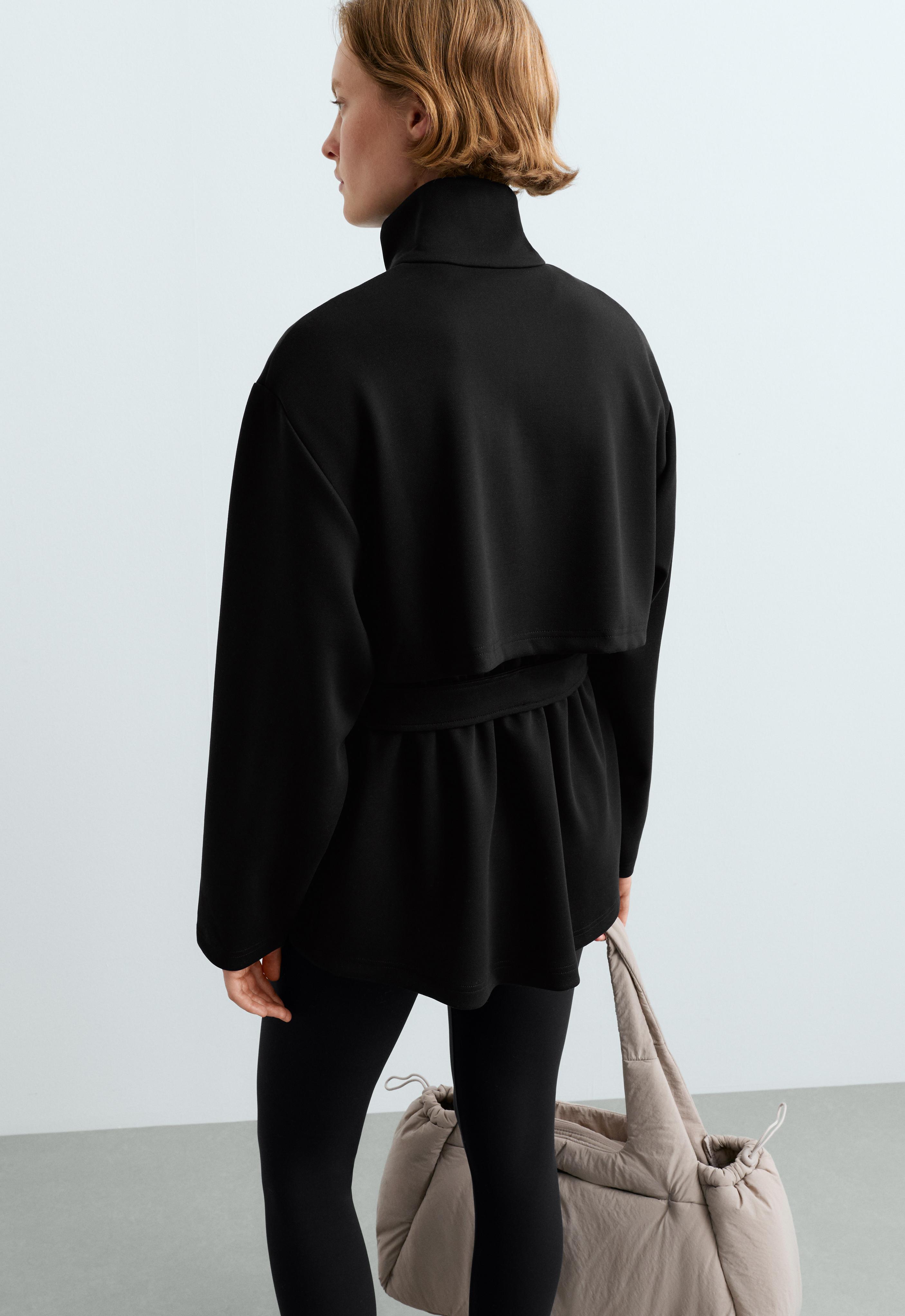 Long piqué jacket with belt — BLACK