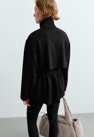 Long piqué jacket with belt — BLACK 6