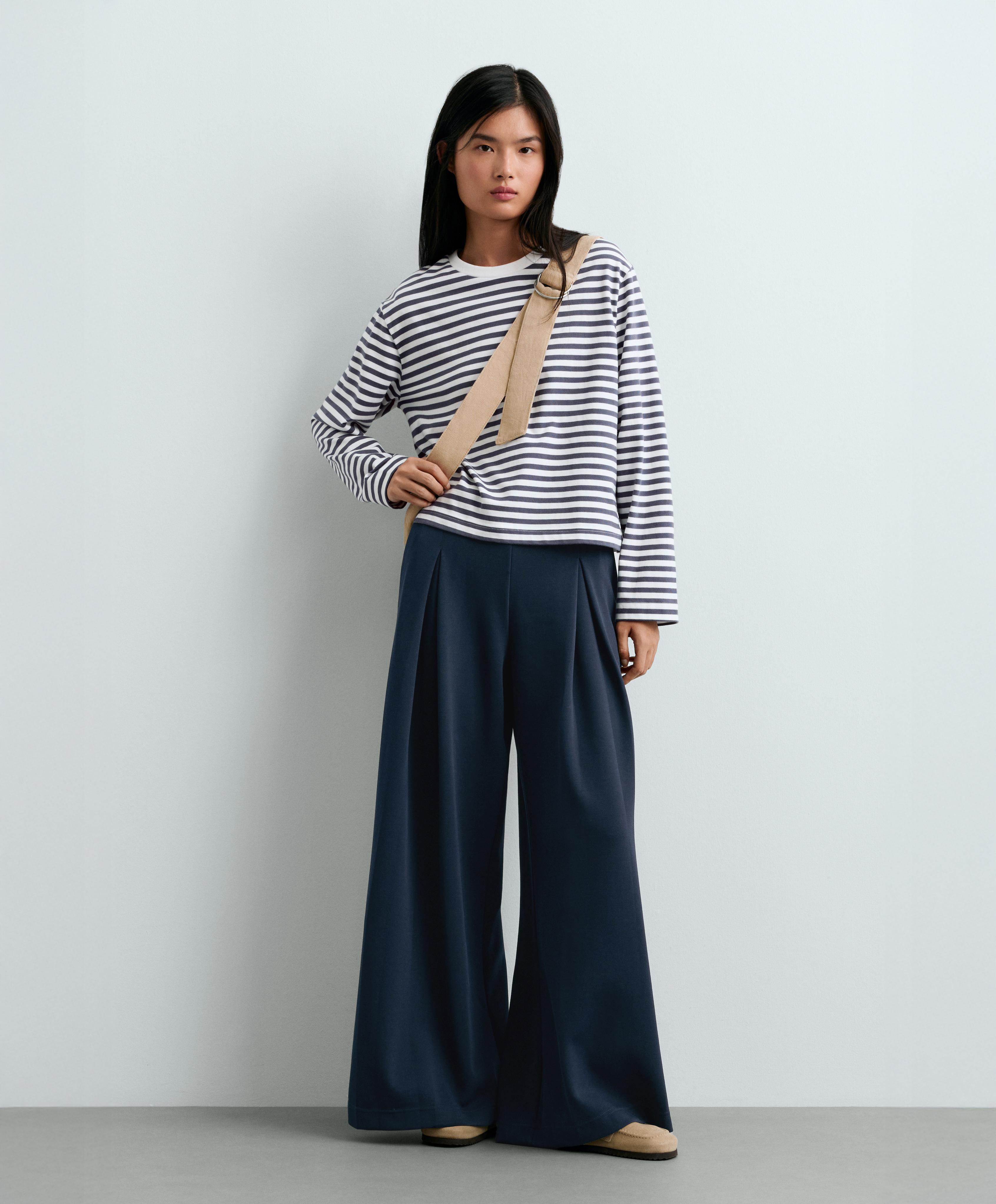 Wide-leg pique trousers with cotton — NAVY BLUE