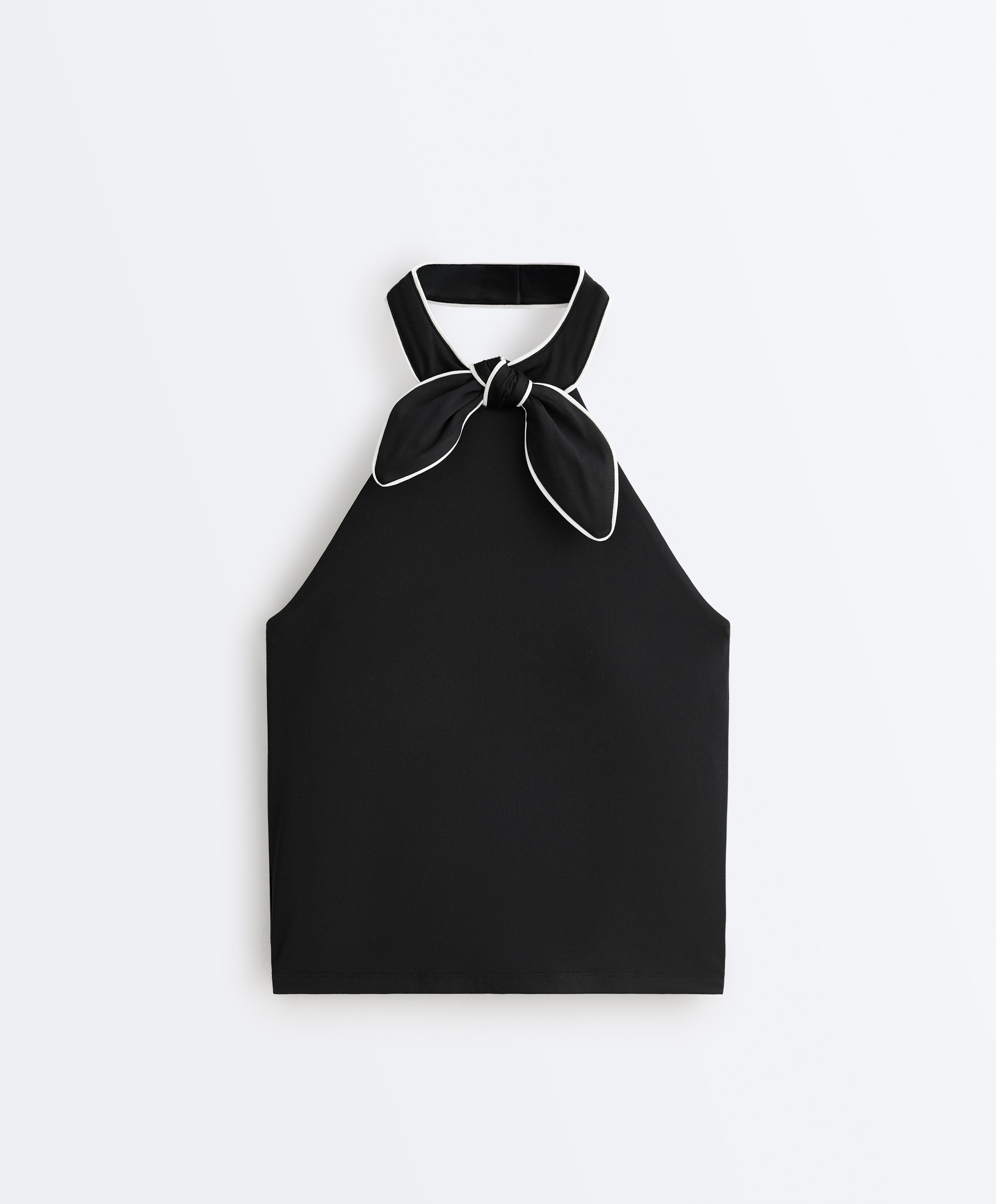 Comfortlux halter neck tank top with bow — BLACK