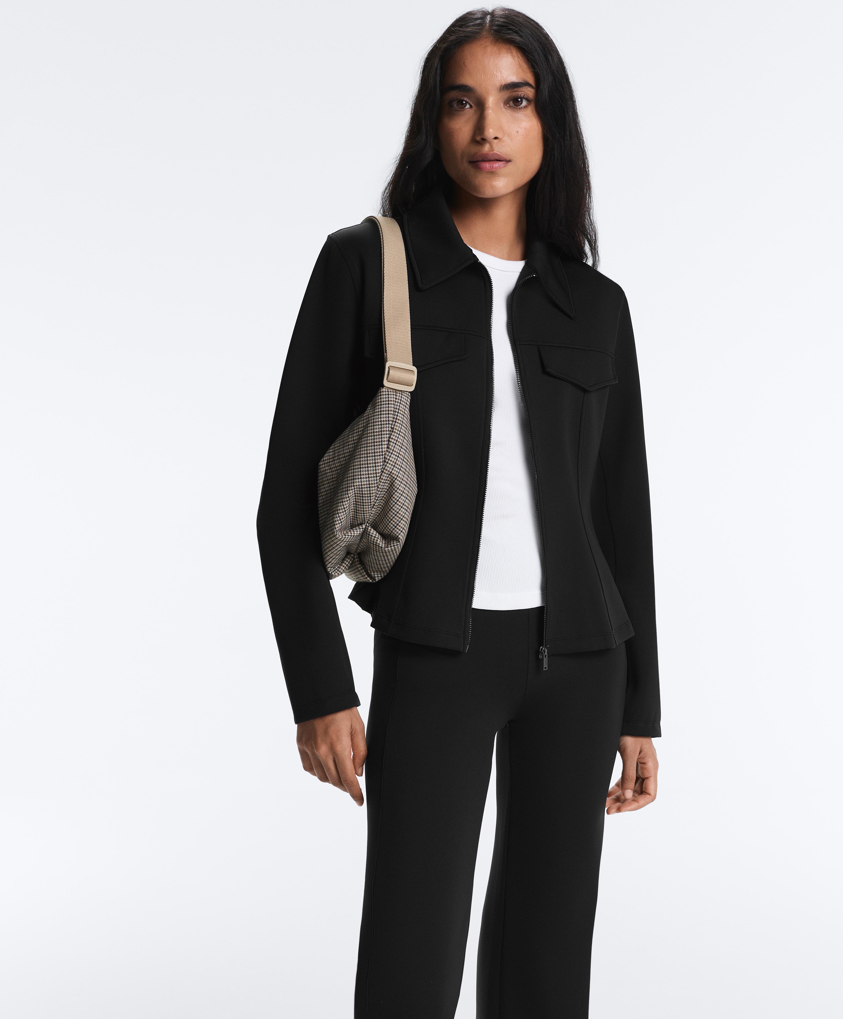 Neoprene-effect peplum jacket with ribbing — BLACK