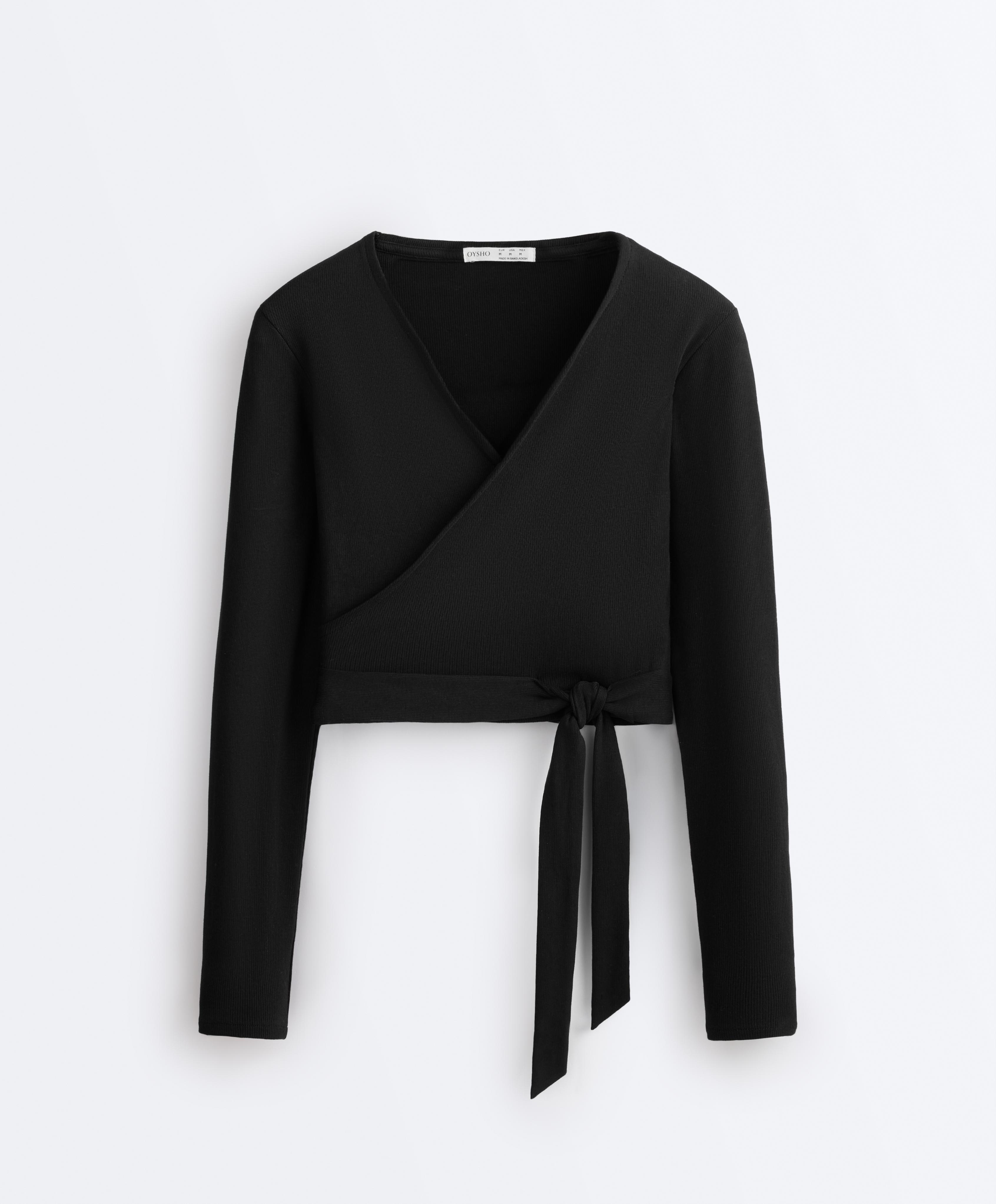 Wrap Over Rib Cotton Blend T-Shirt — BLACK