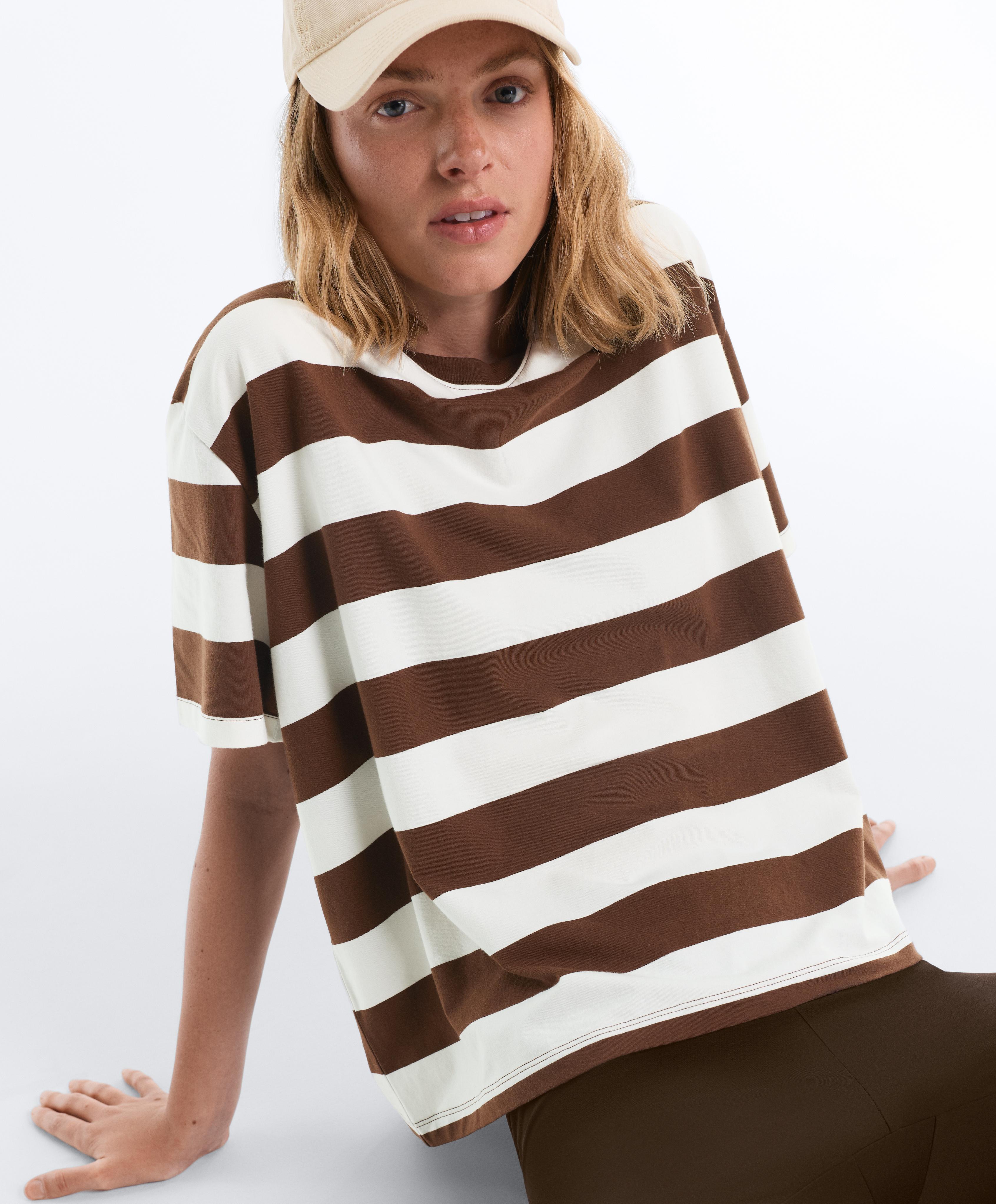 Striped boxy short-sleeve cotton blend T-shirt — DARK BROWN