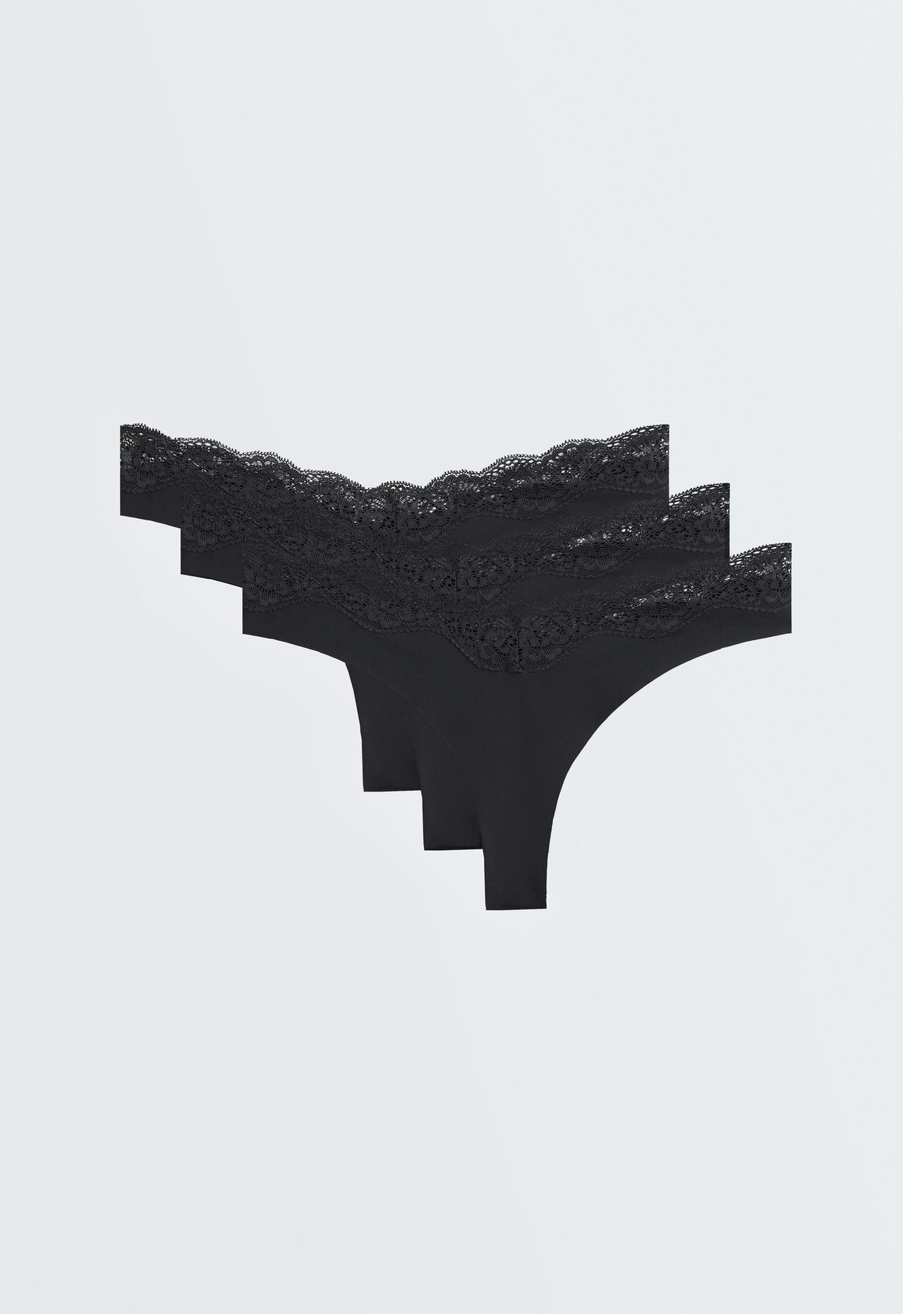 3 laser-cut V-cut lace polyamide blend thongs — BLACK