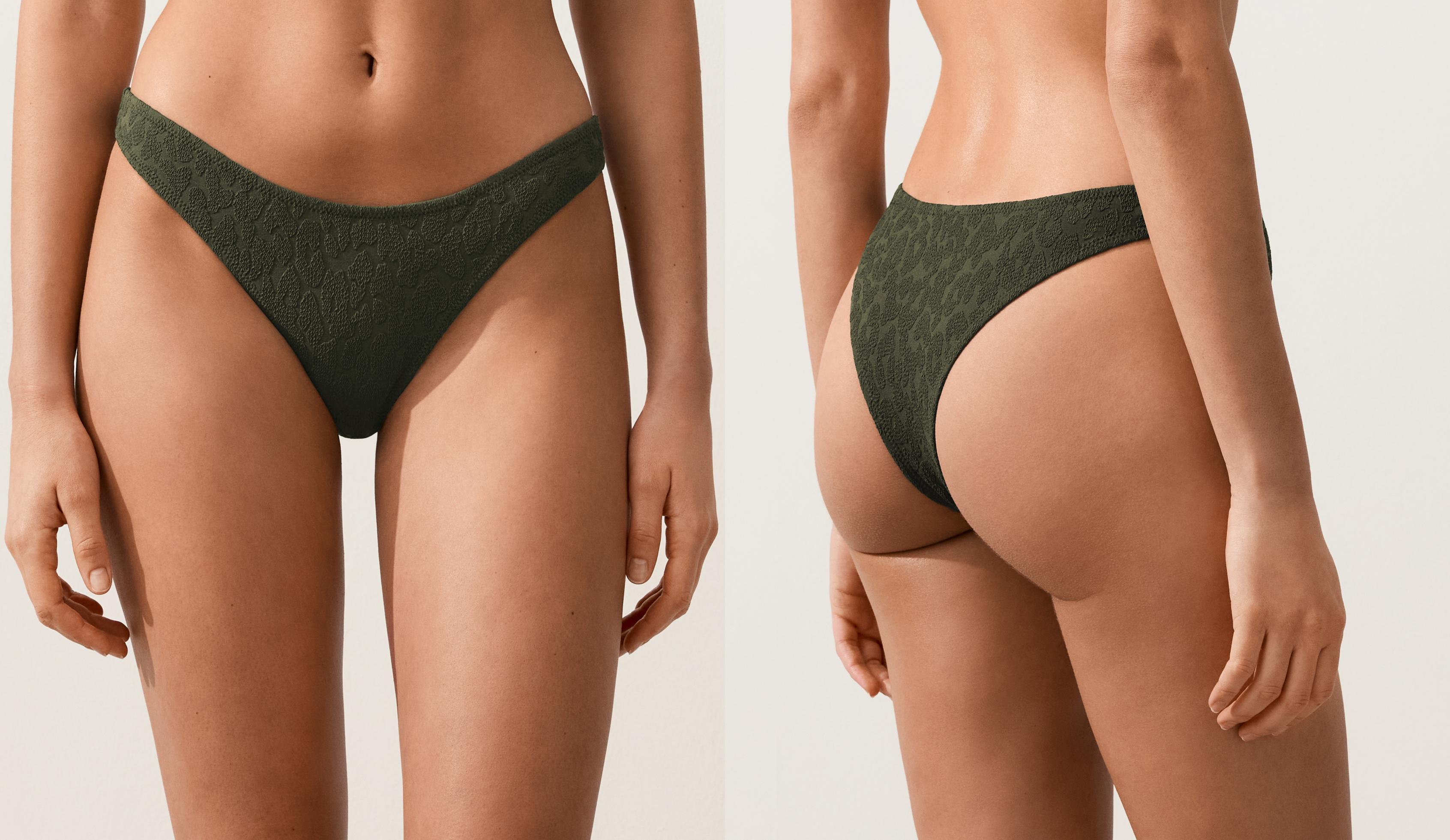 U-cut leopard print textured Brazilian bikini briefs — DARK KHAKI