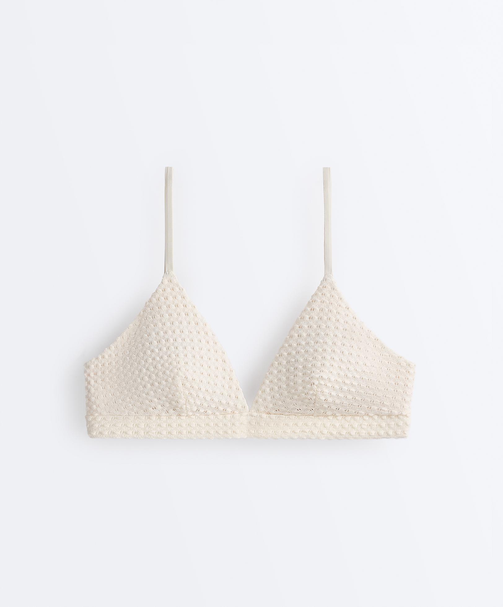 Bubble-texture crochet triangle bikini top — ECRU