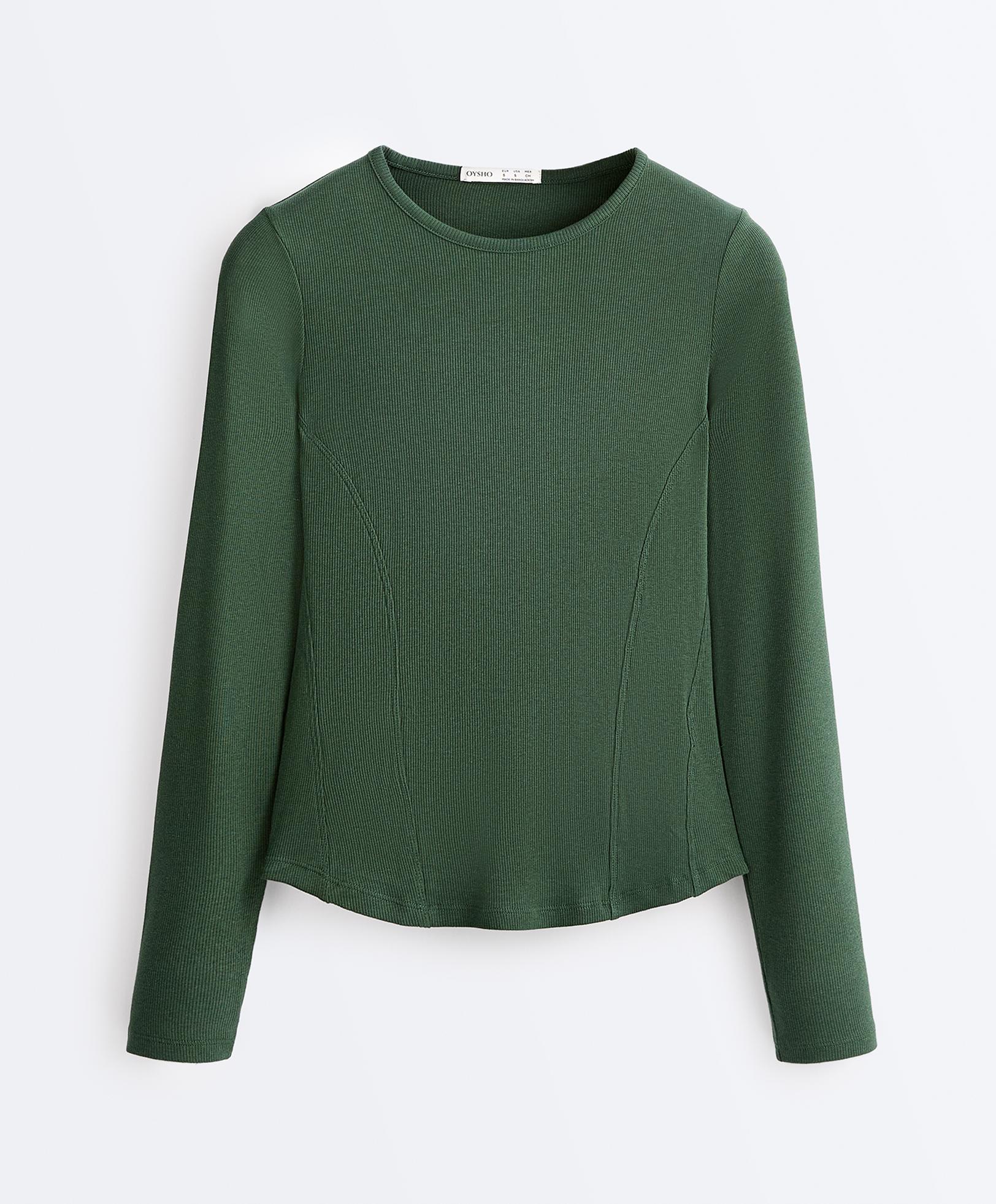 Fitted long sleeve rib T-shirt with cotton and modal — GREEN