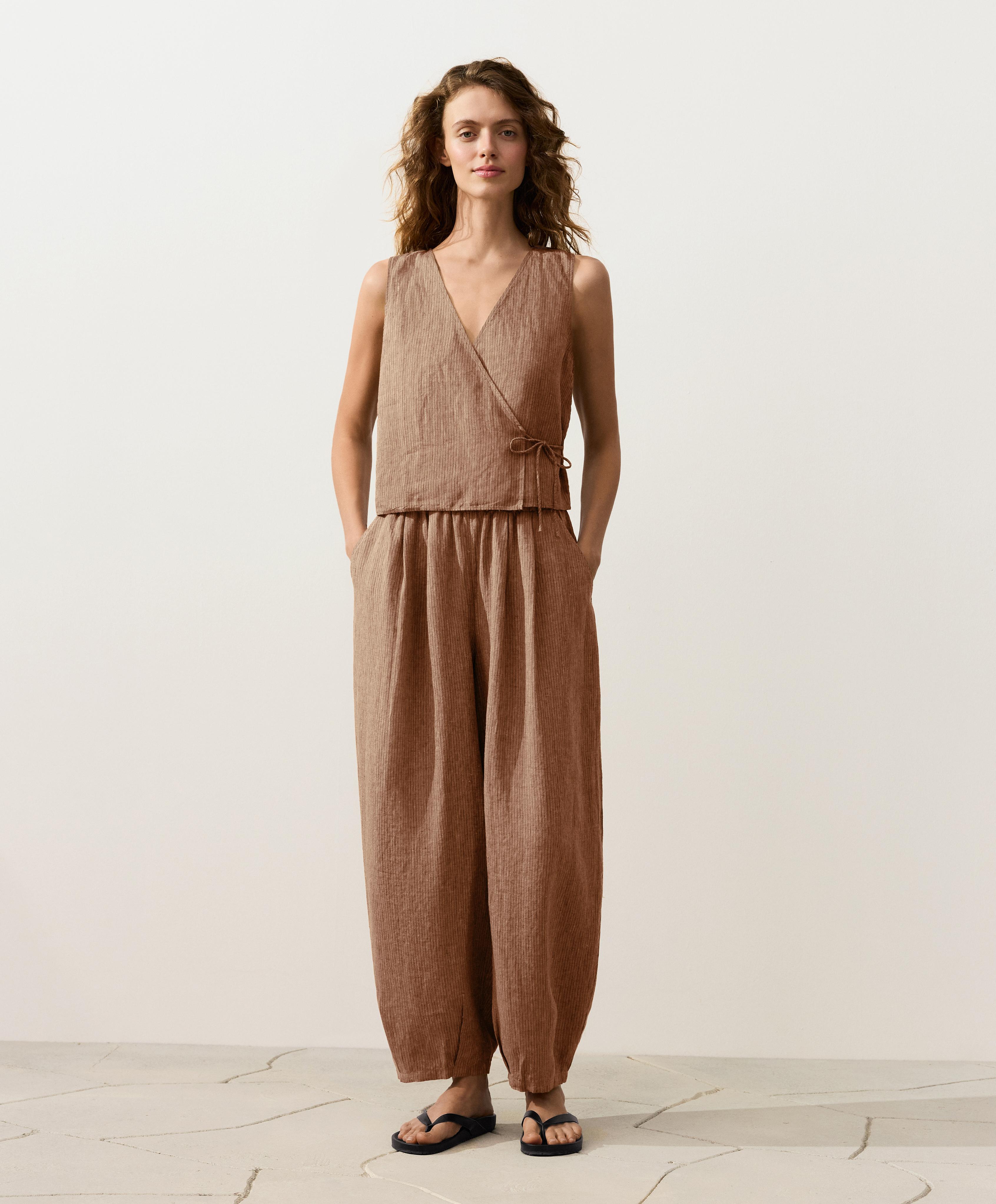 100% linen square neck crossover tie top — TAN MELANGE
