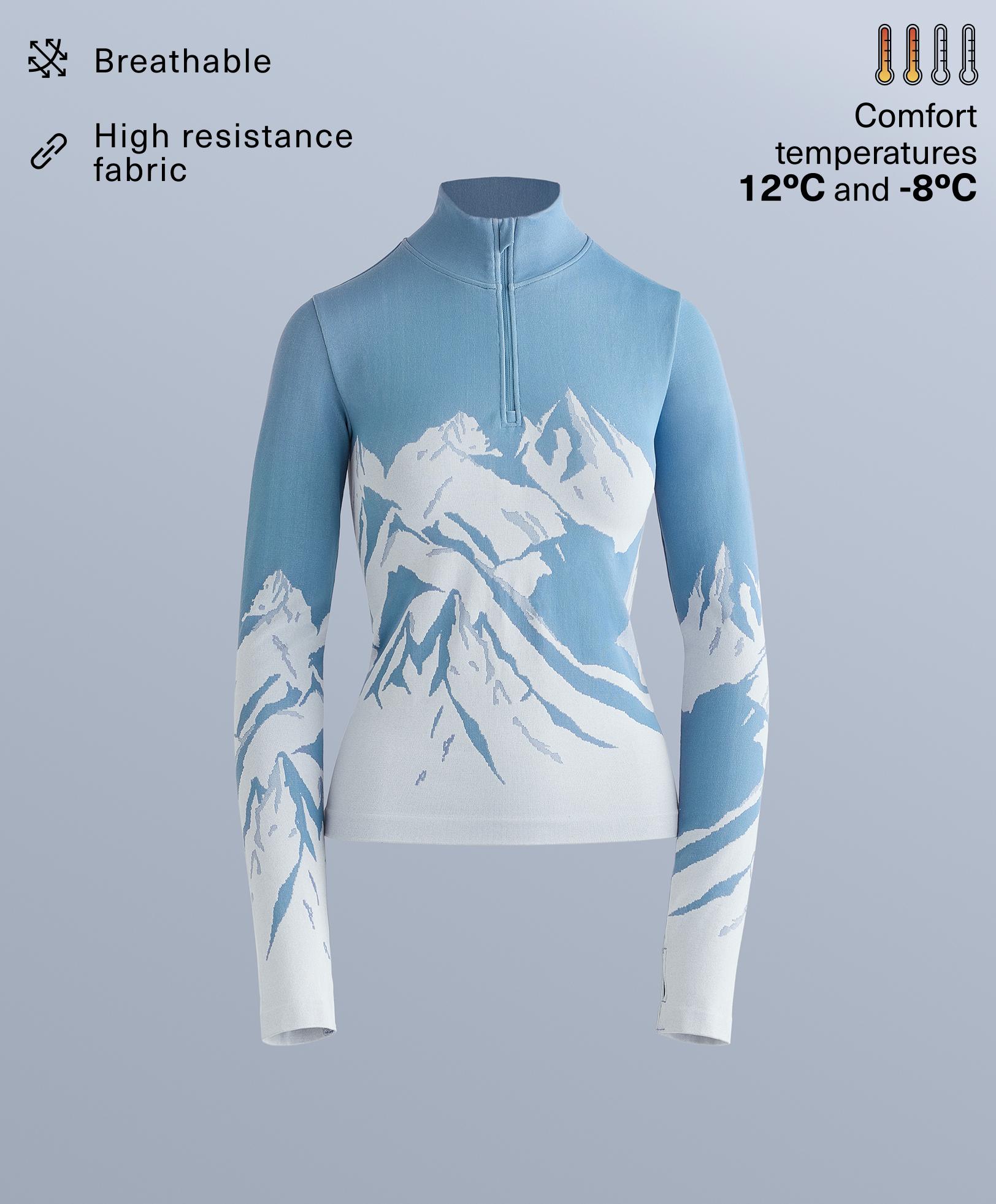 Seamless base layer thermal T-shirt with half zip and print — PALE BLUE
