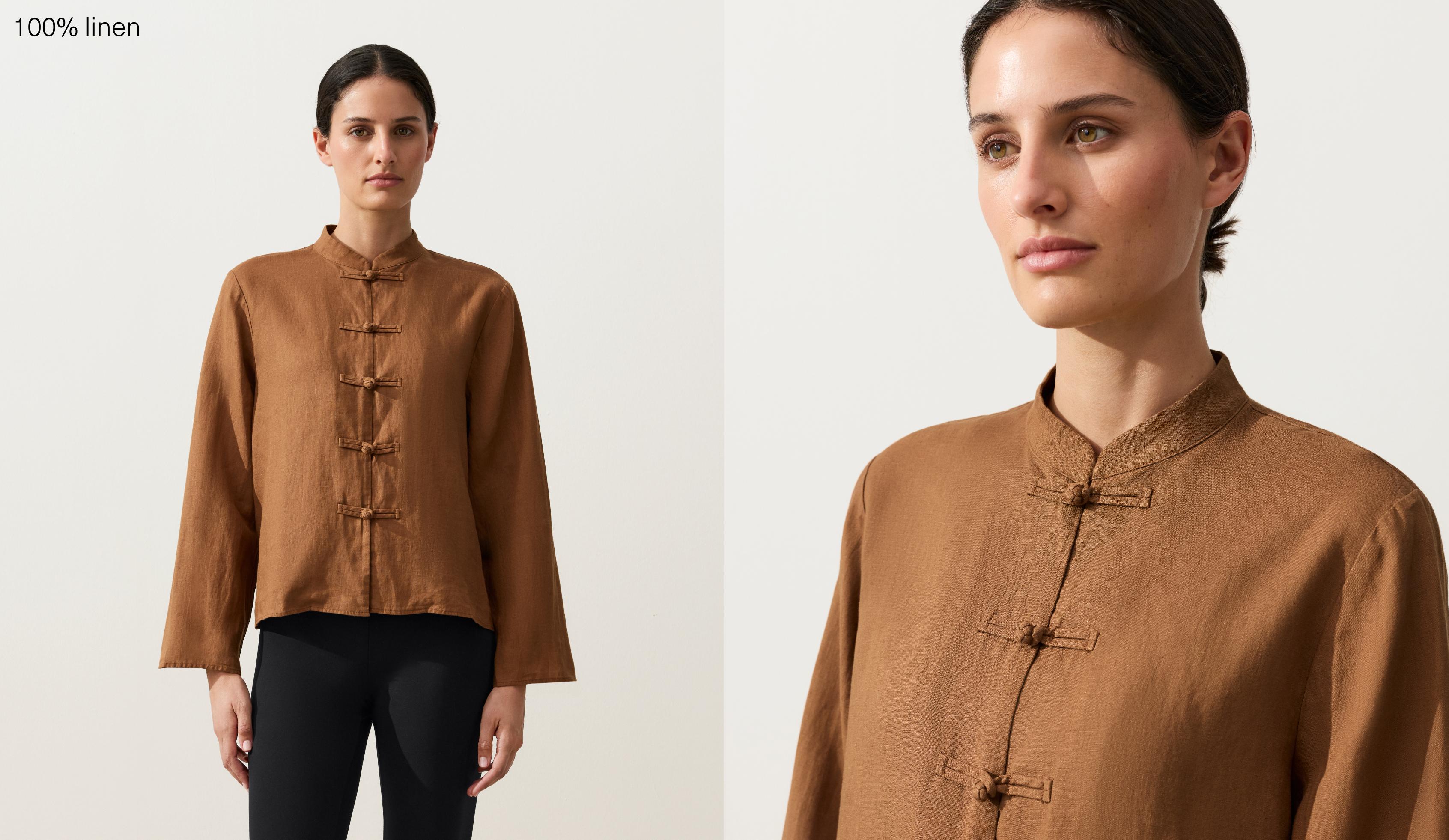 100% linen stand-up collar shirt — TOFFEE