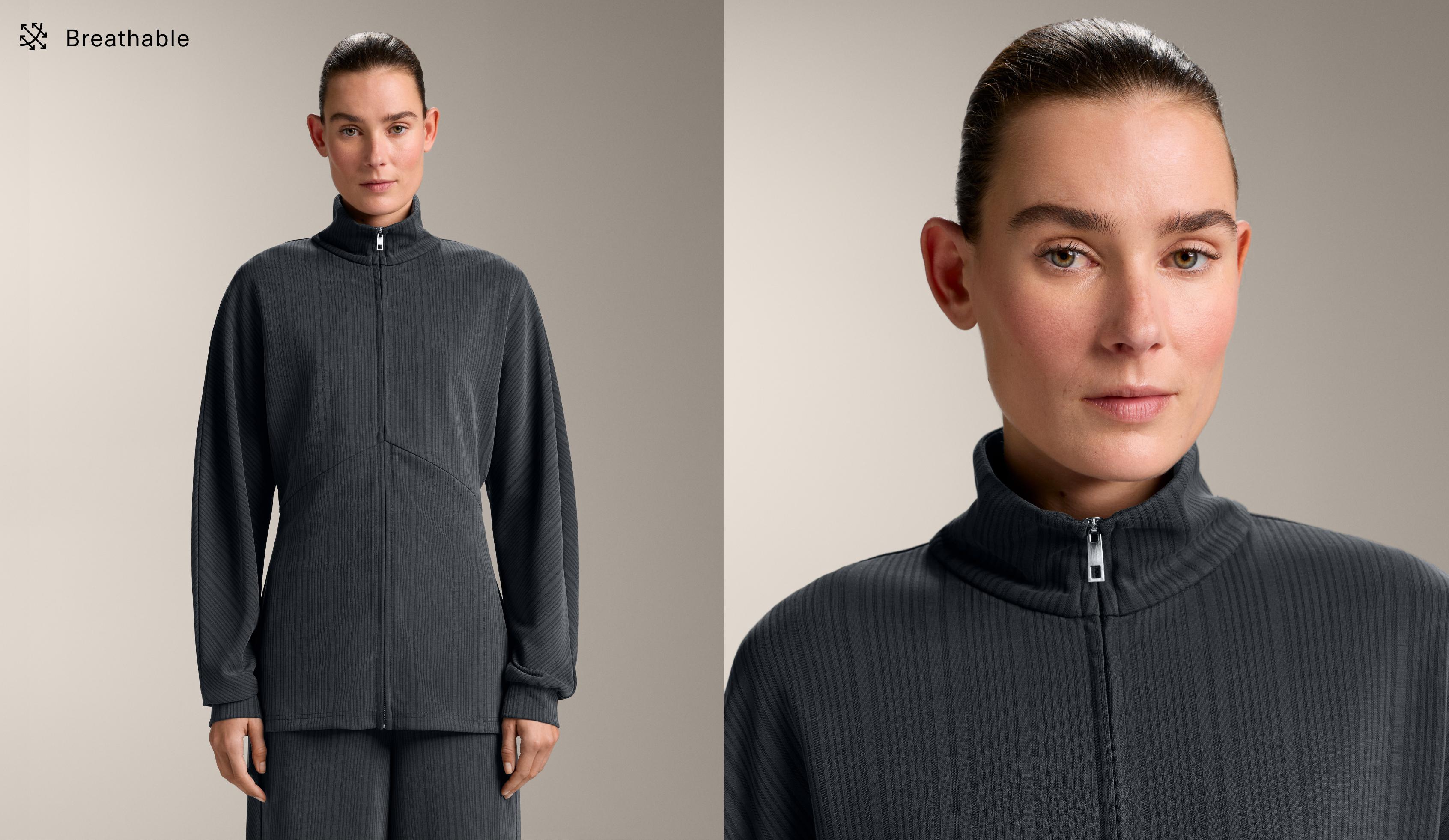 Chaqueta larga raya asimétrica con modal Chaqueta larga raya asimétrica con modal