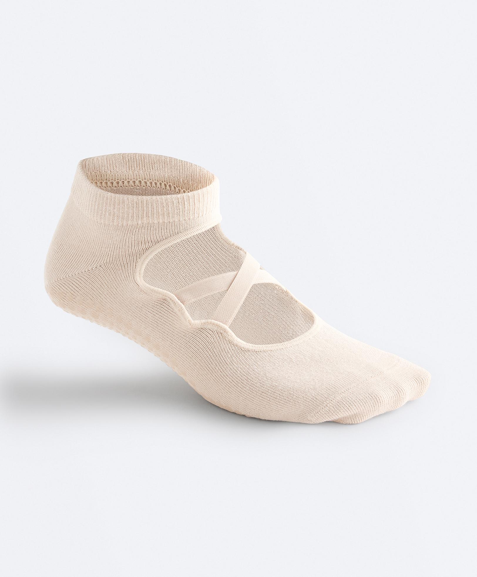 2 pairs of cotton blend yoga and Pilates socks with crossover straps — ECRU