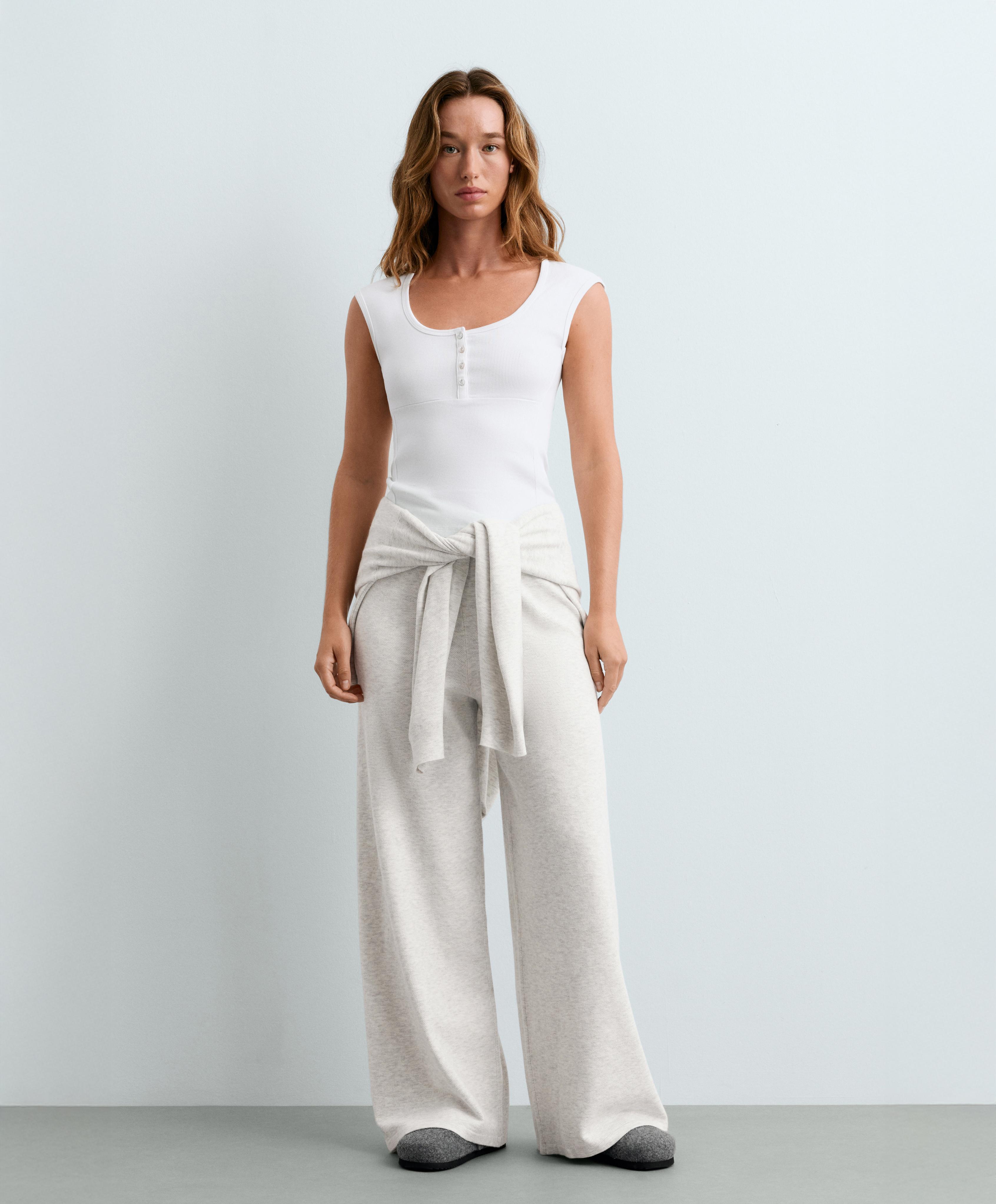 Sleeveless rib T-shirt with cotton and modal buttons — WHITE 