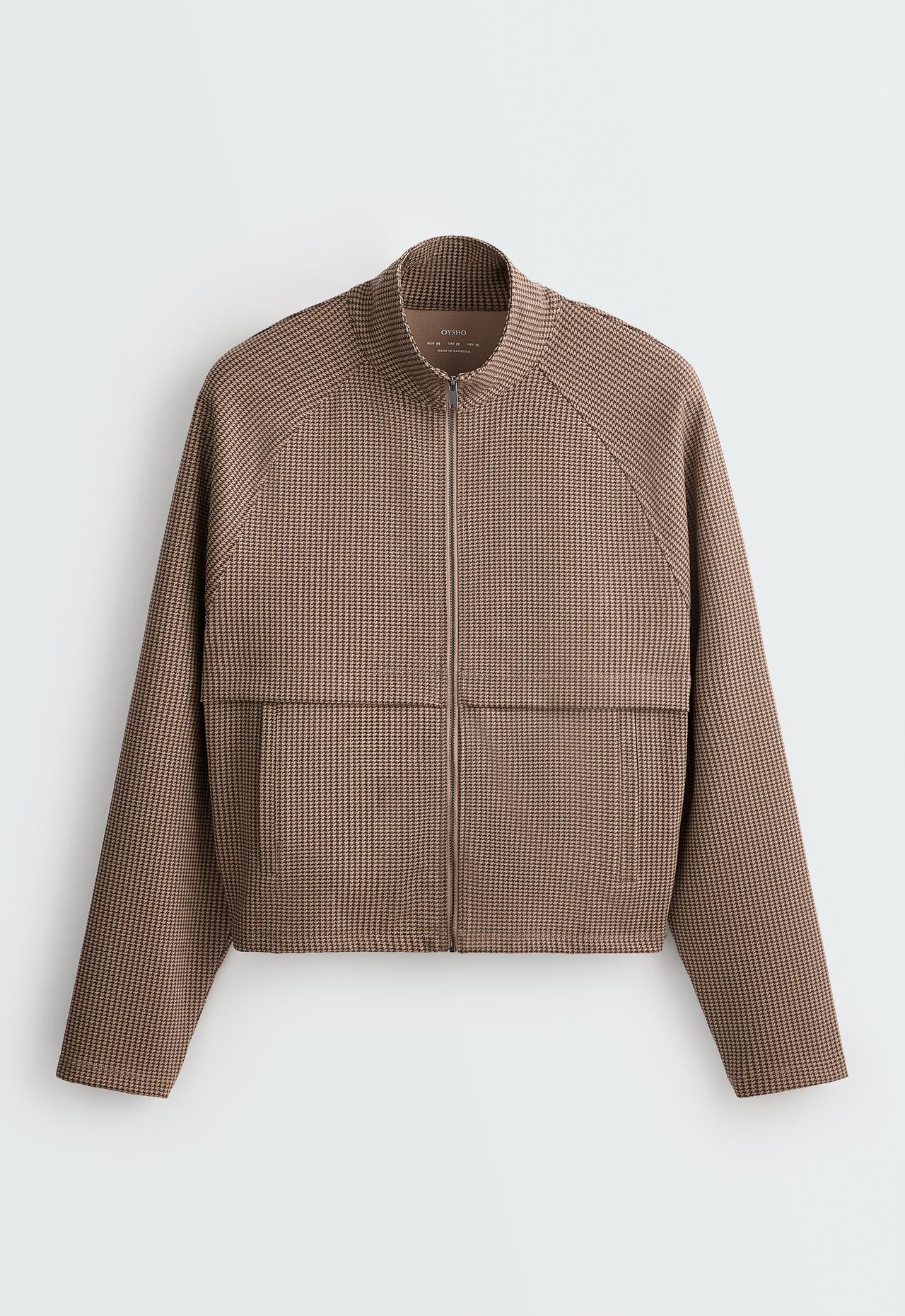Boxy houndstooth neoprene-effect jacket — MID-CAMEL