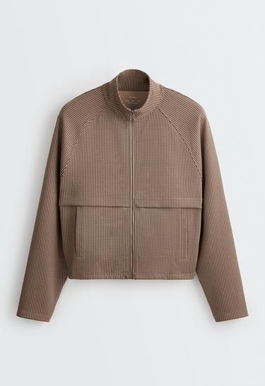 Boxy houndstooth neoprene-effect jacket — MID-CAMEL 6