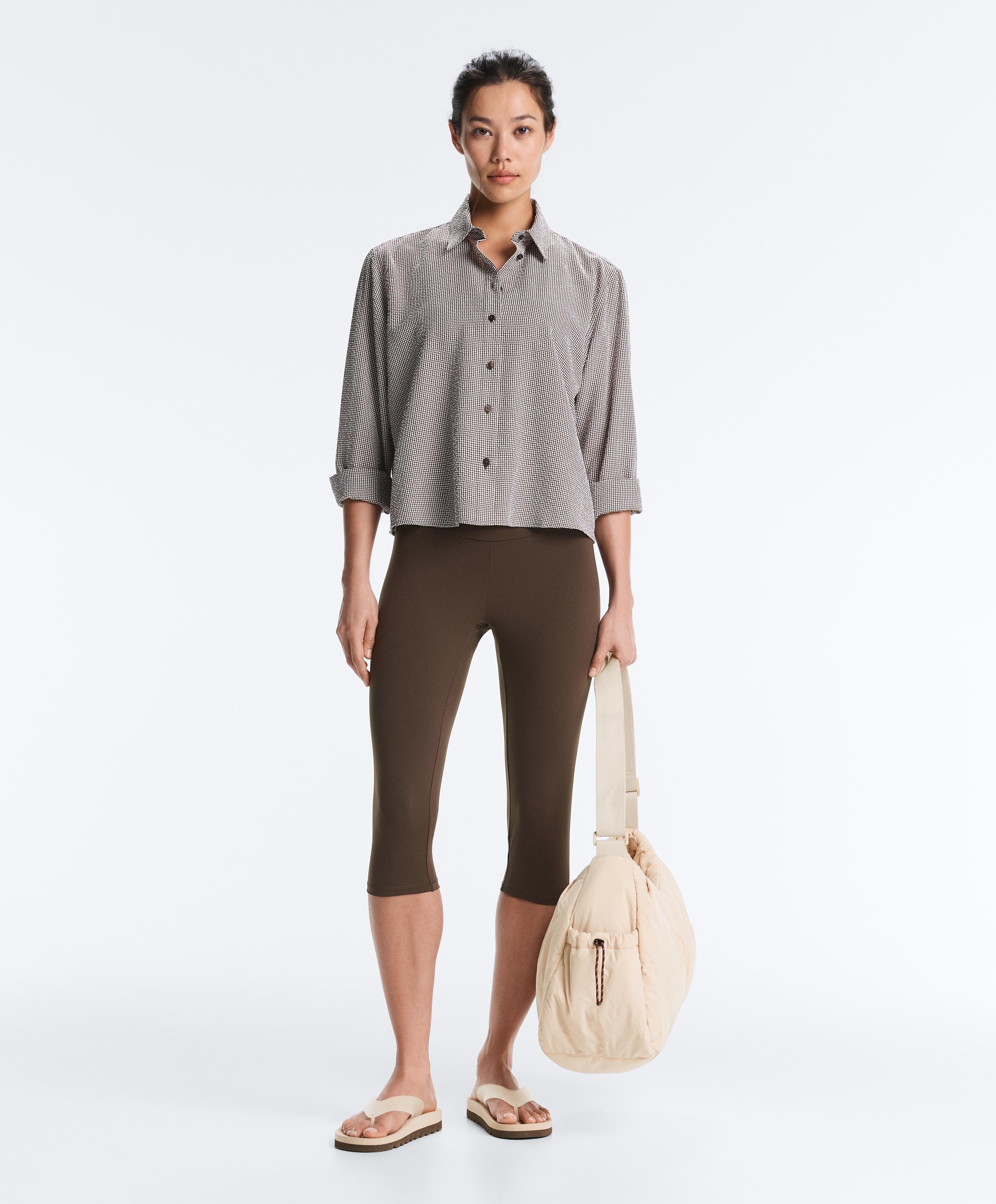 Short gingham lyocell blend shirt — DARK REDDISH‑BROWN