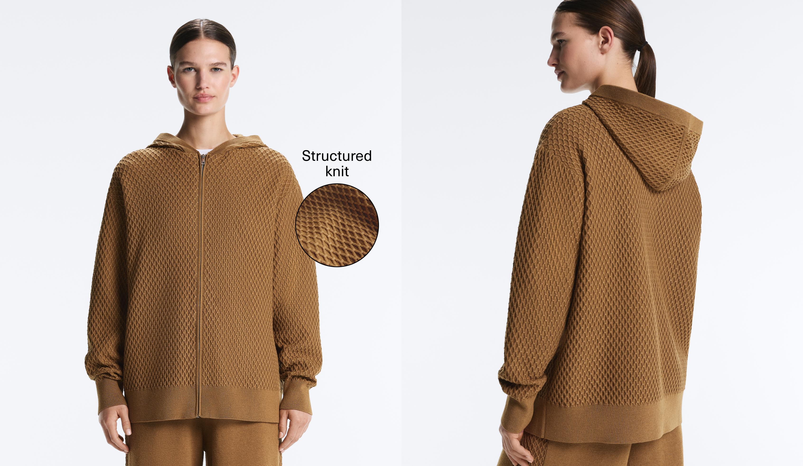 Long structured knit jacket with hood — COPPER