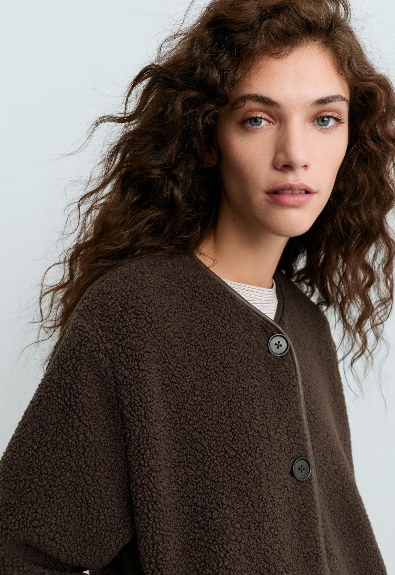 Round-neck faux-shearling jacket — DARK BROWN