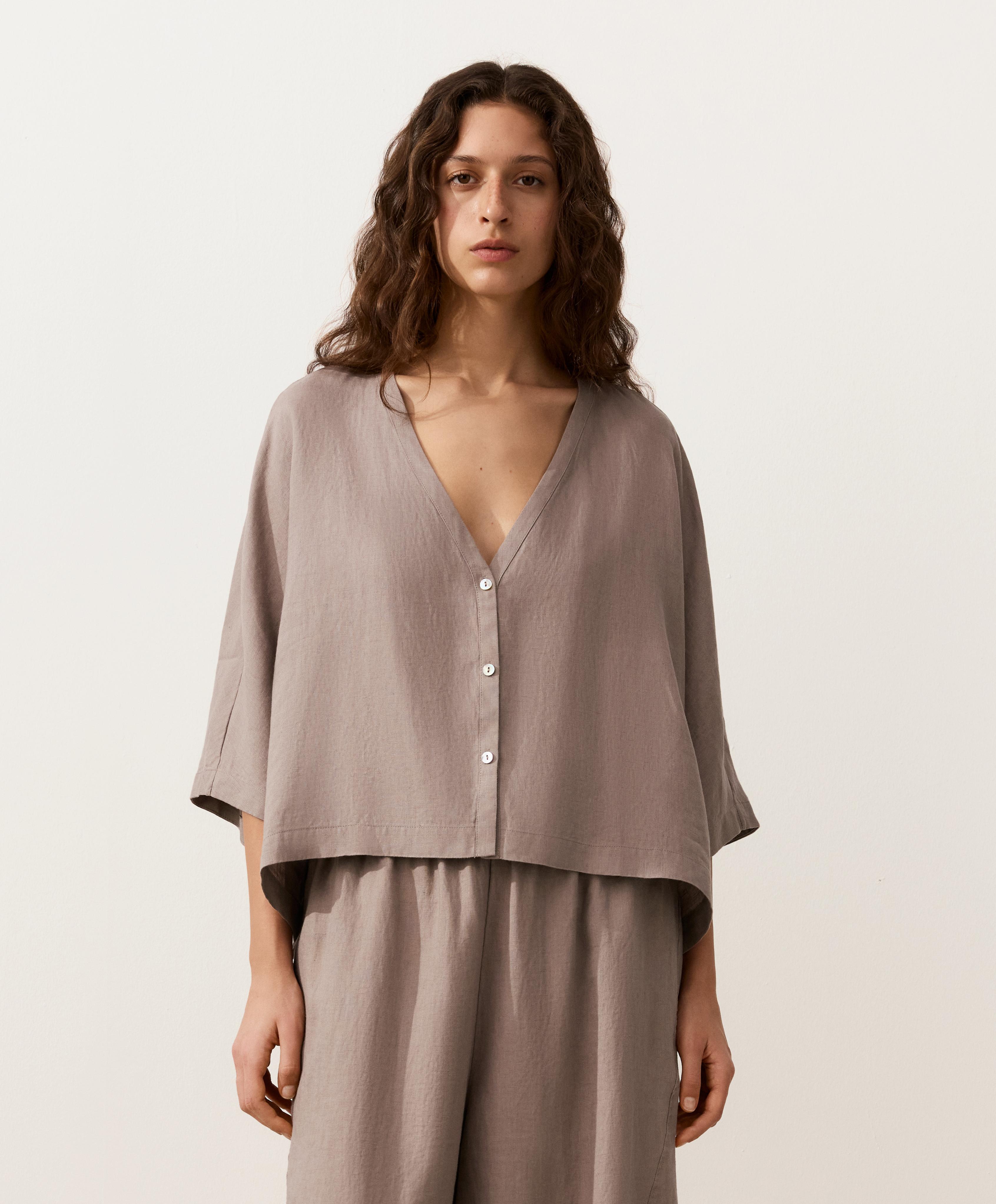 100% linen short-sleeve shirt — TAUPE-GREY