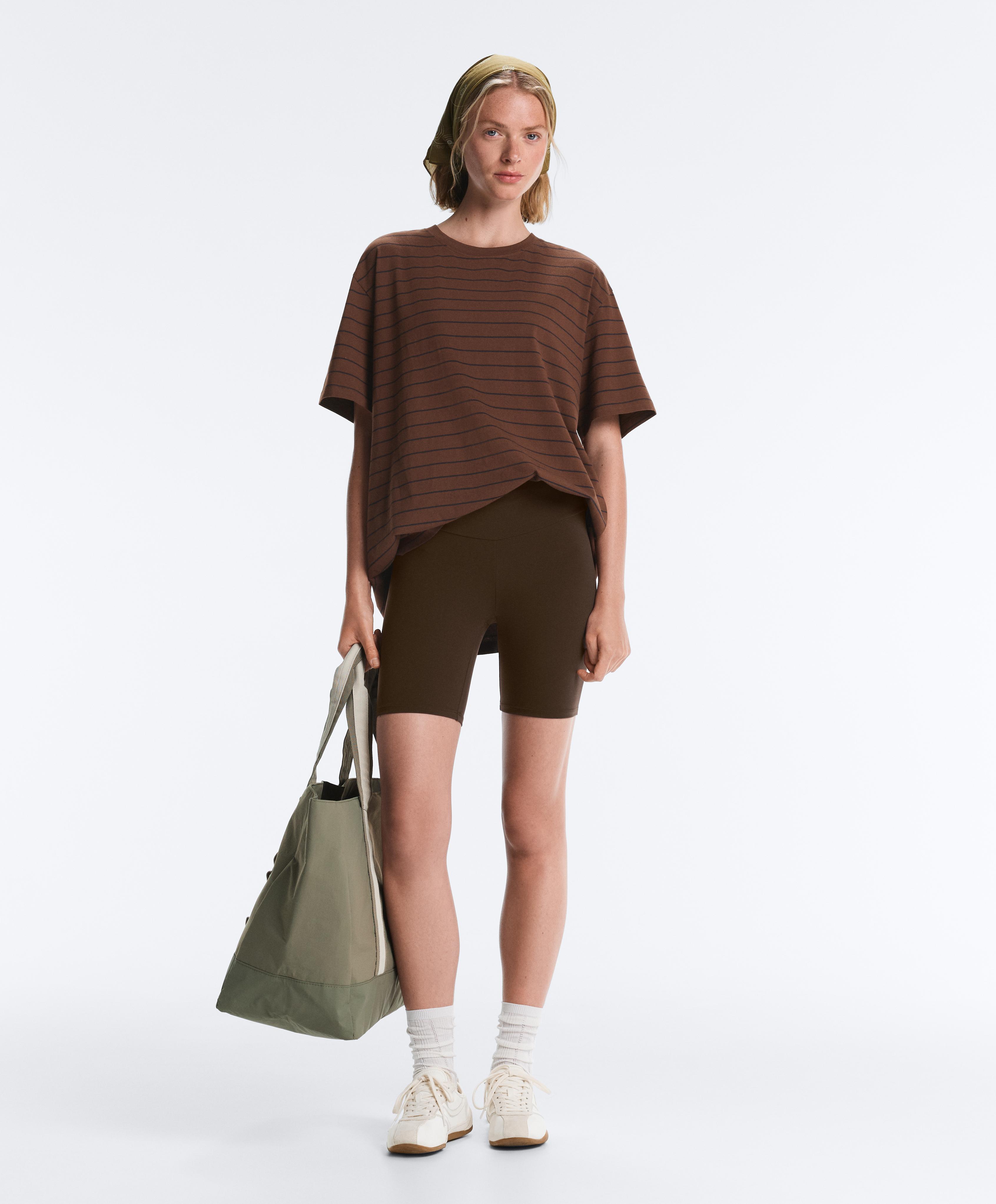 Oversize striped cotton blend short sleeve T-shirt — DARK BROWN