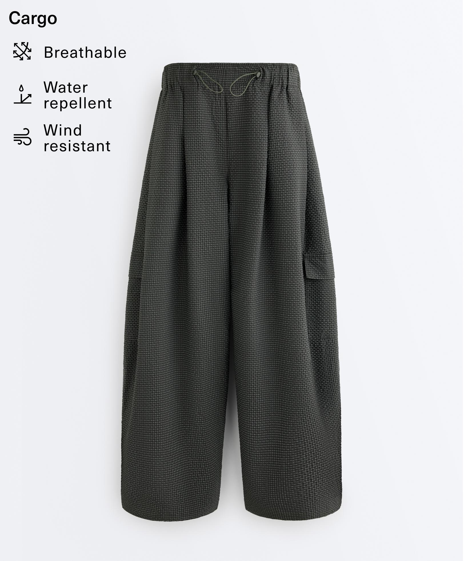 Water-repellent checked nylon long cargo trousers — BLACK