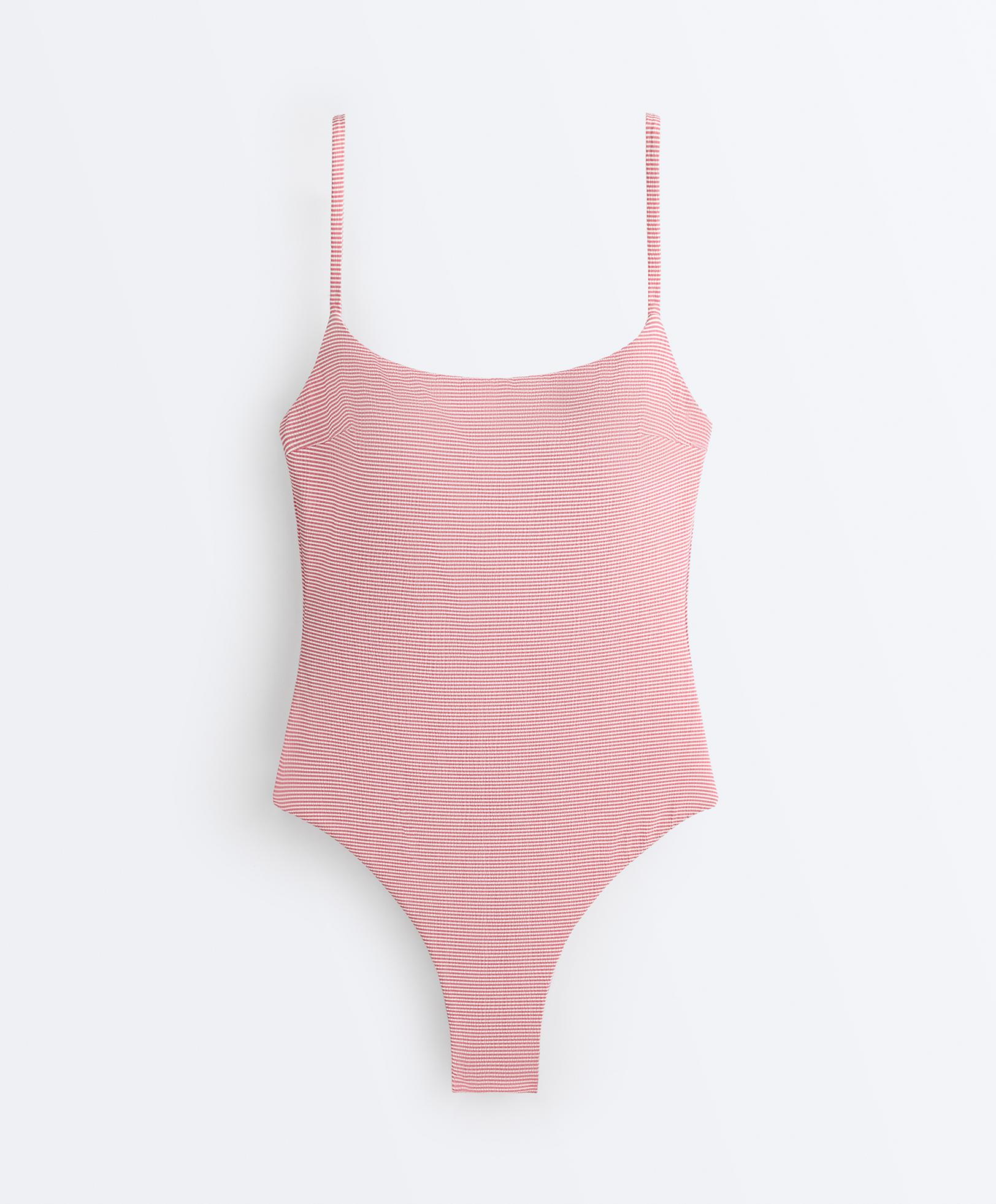 Stripe round neck swimsuit — RED