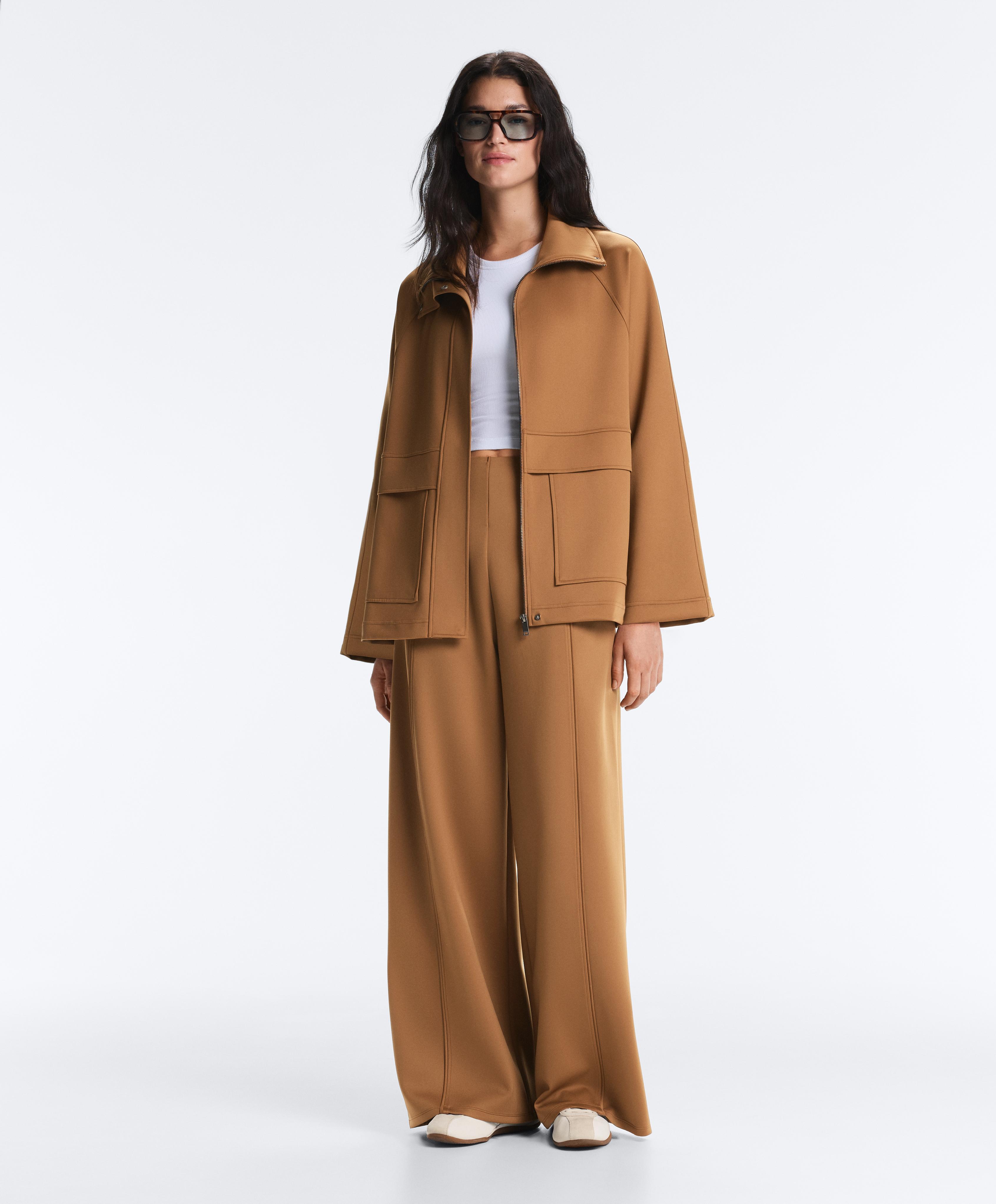 Long neoprene-effect jacket — PALE BROWN