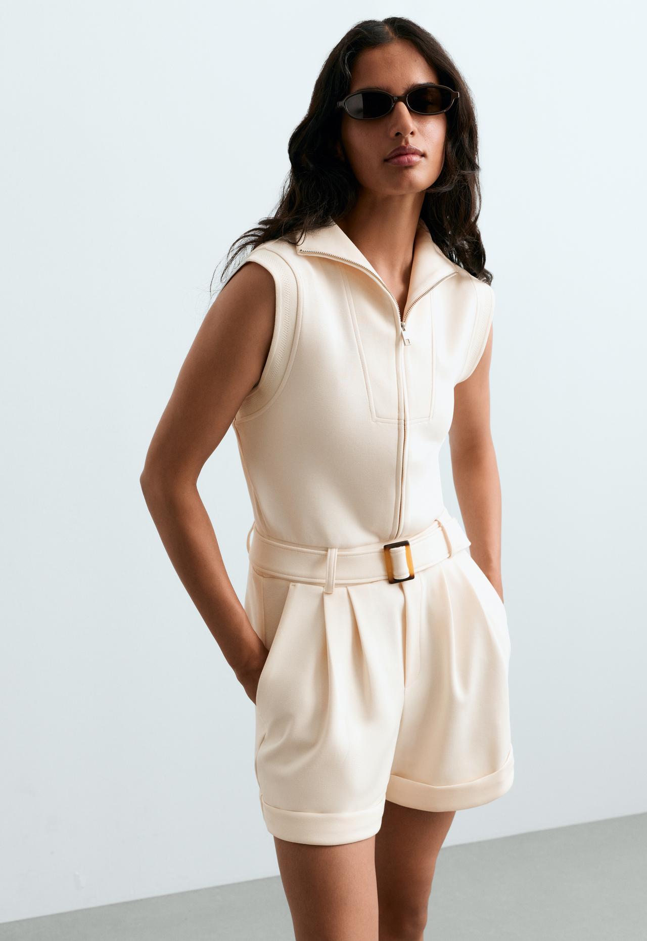 Cotton piqué short jumpsuit — PALE ECRU