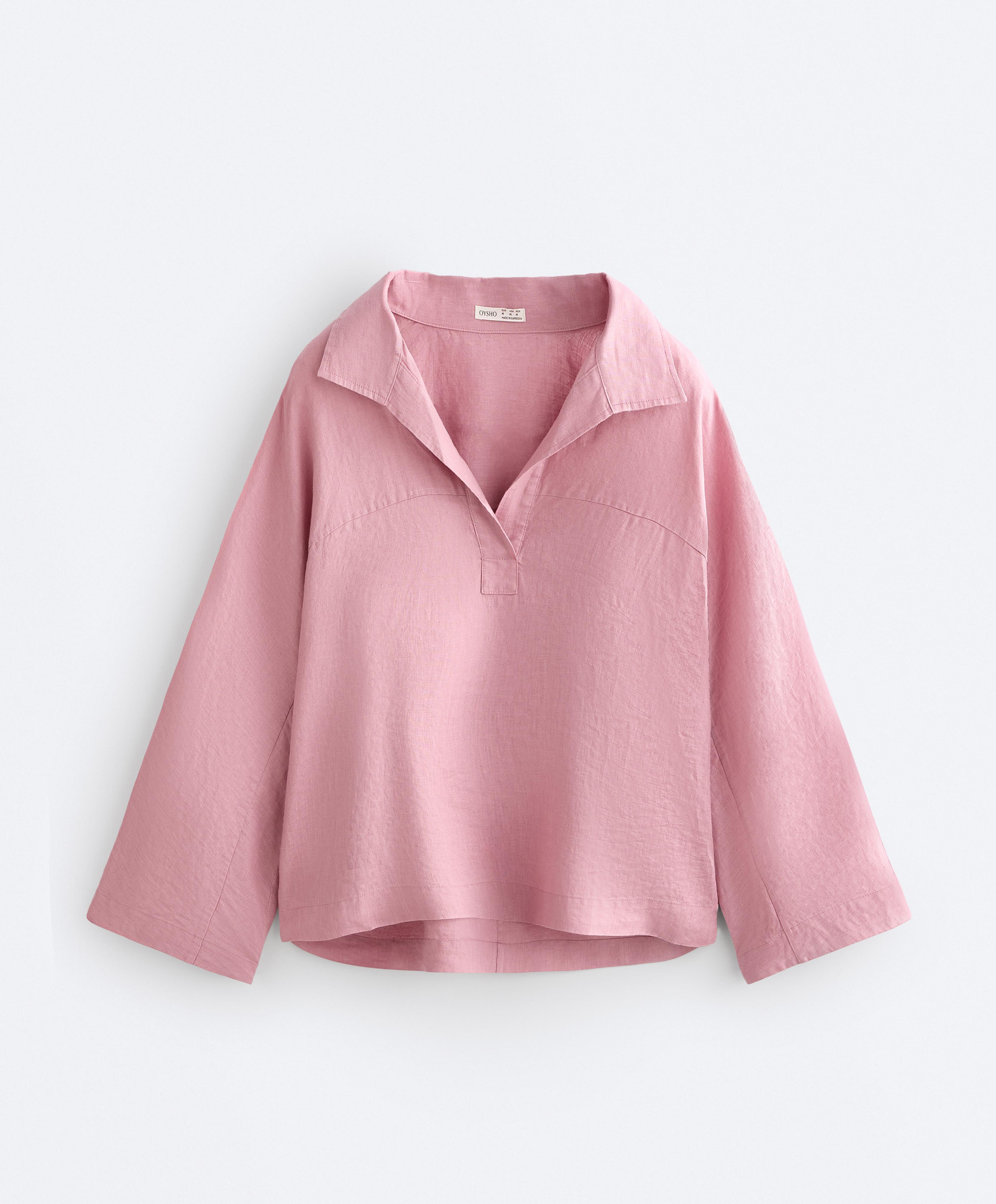 Oversize long-sleeve 100% linen polo shirt — MID-PINK