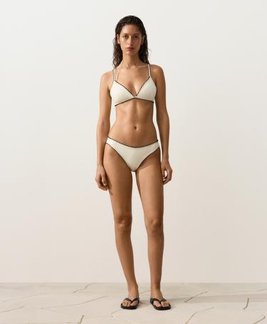 Contrast stitch triangle bikini top — PALE ECRU 2