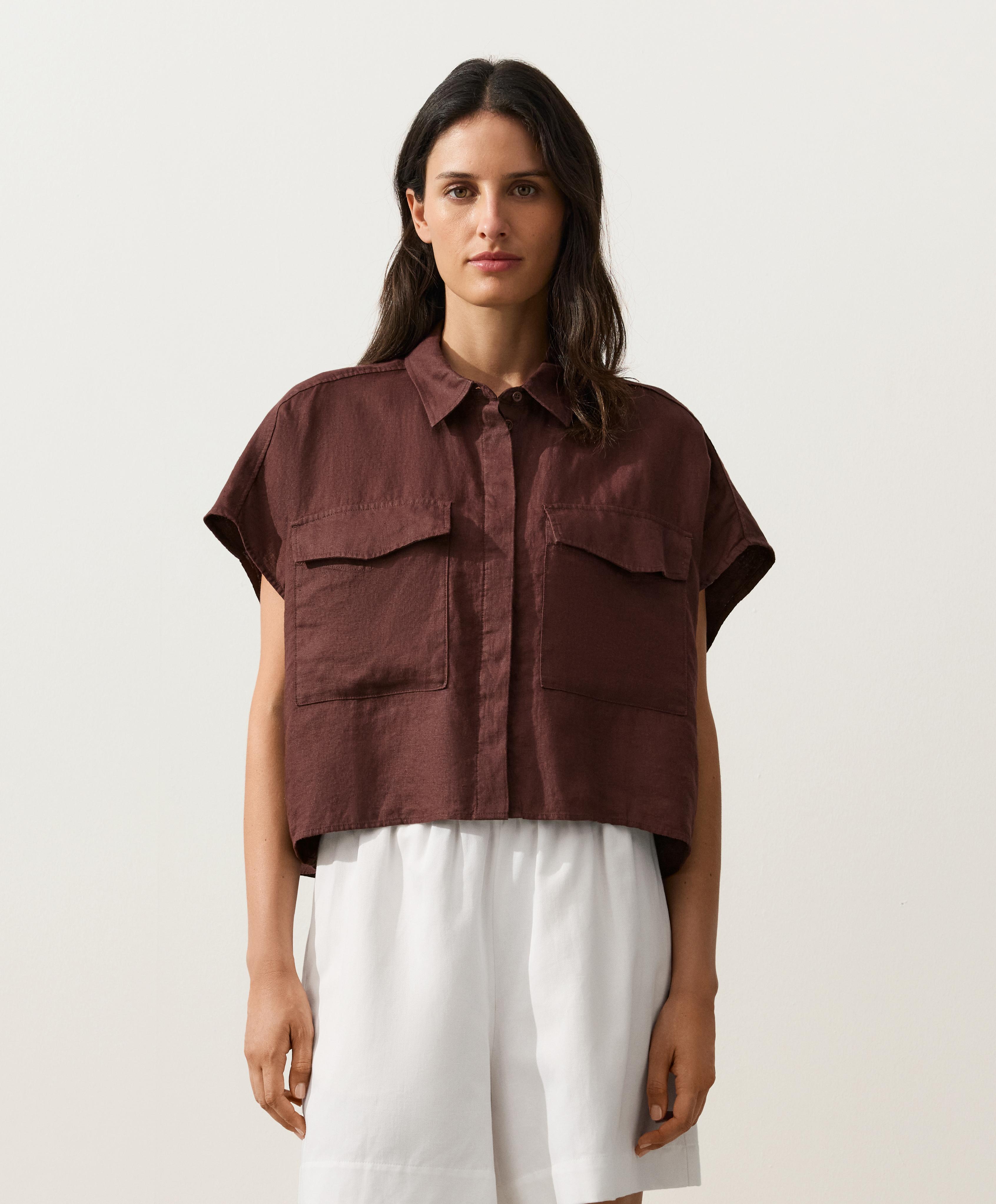 100% linen collared shirt with pockets — CHOCOLATE