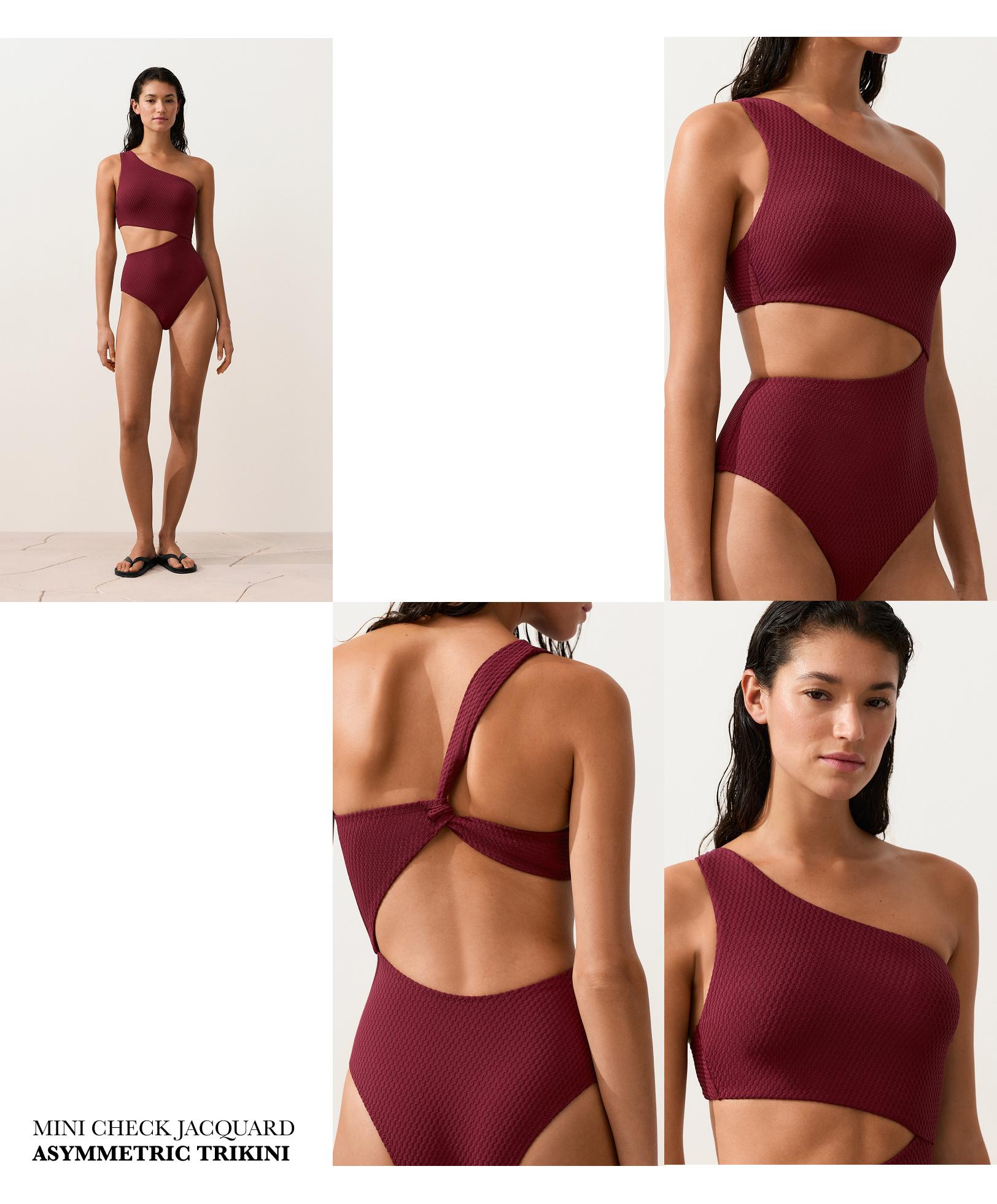 Mini check jacquard asymmetric trikini — CHERRY