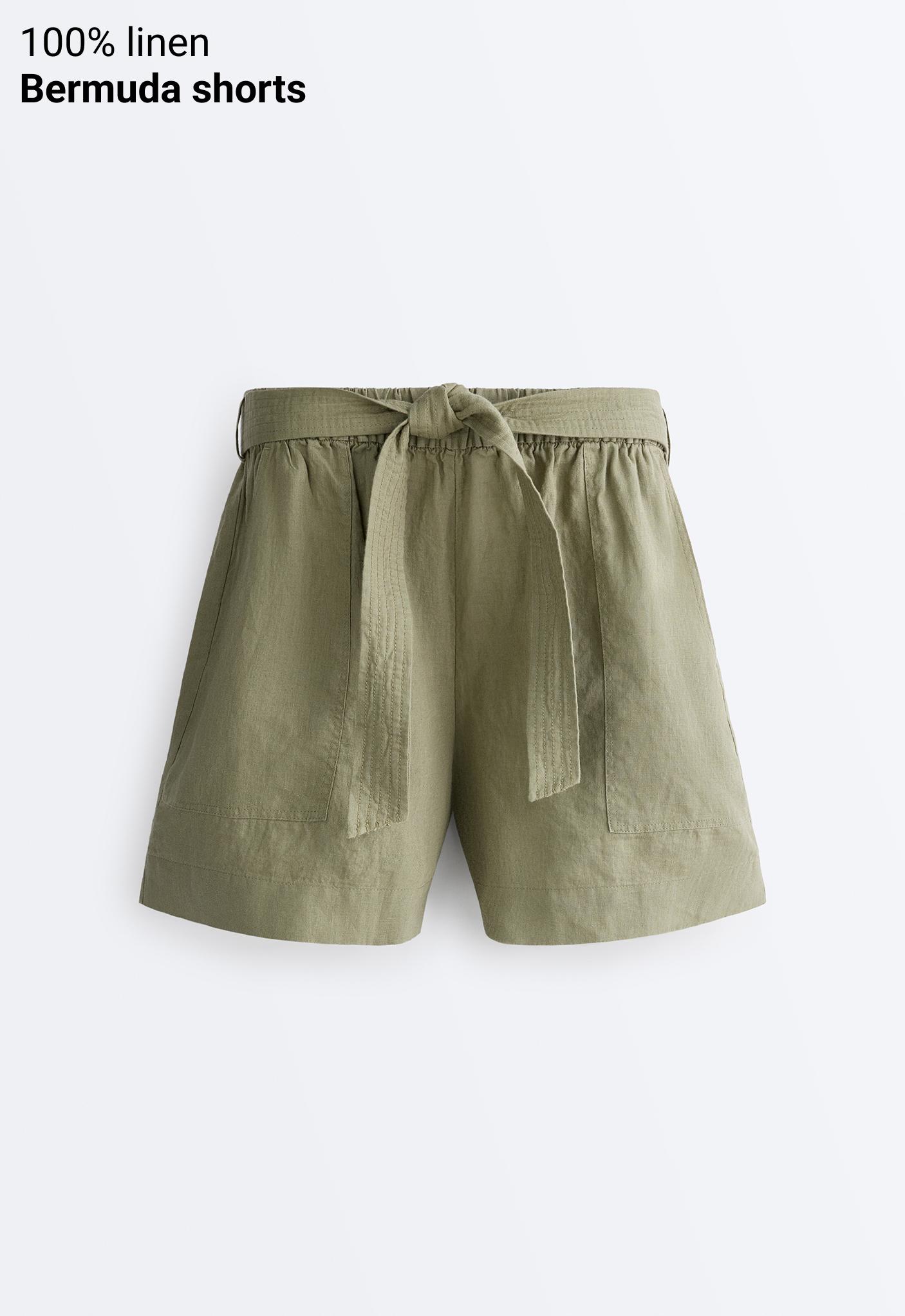 100% linen Bermuda shorts with belt — YELLOW GREEN