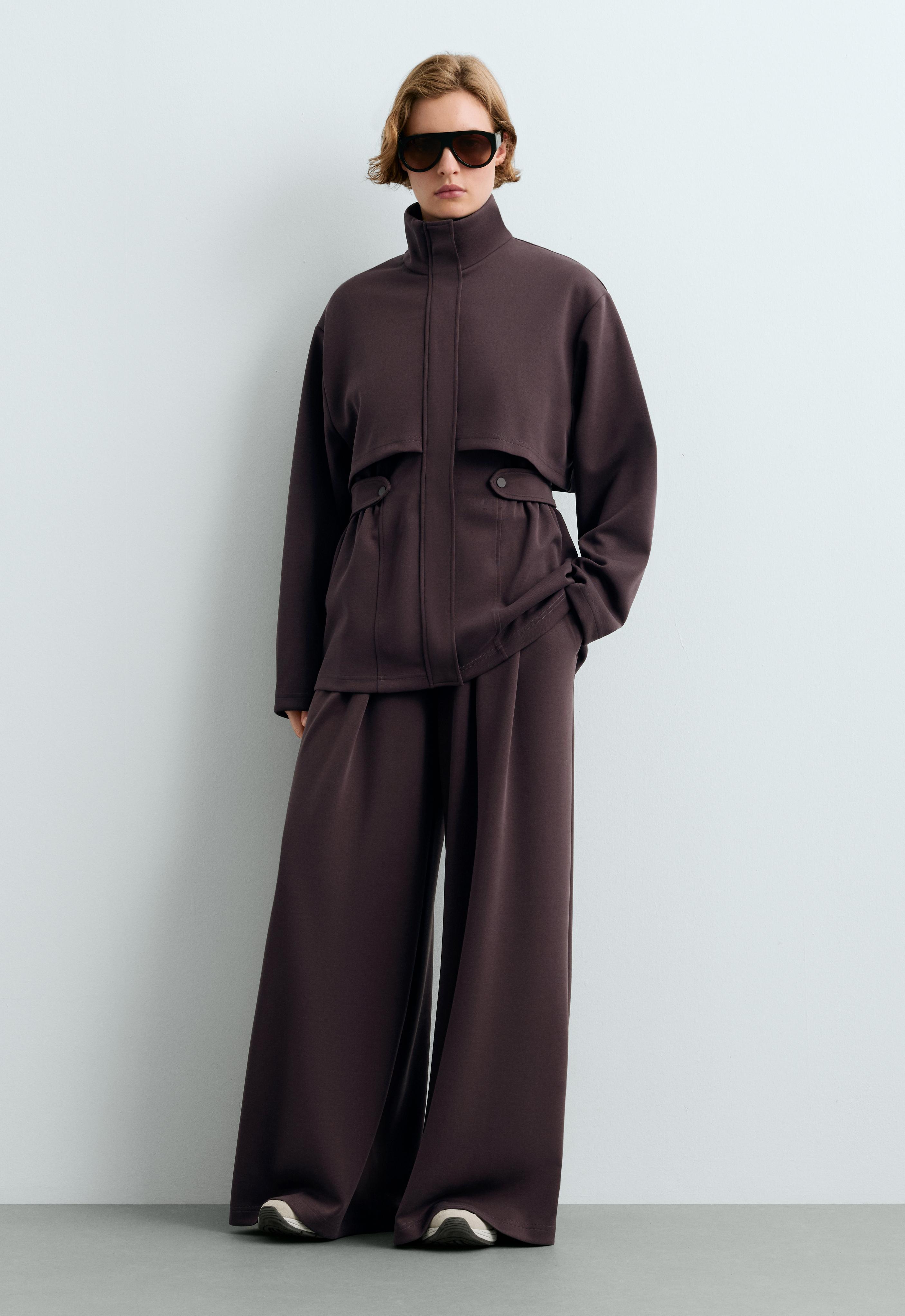 Long piqué jacket with belt — Purplish brown