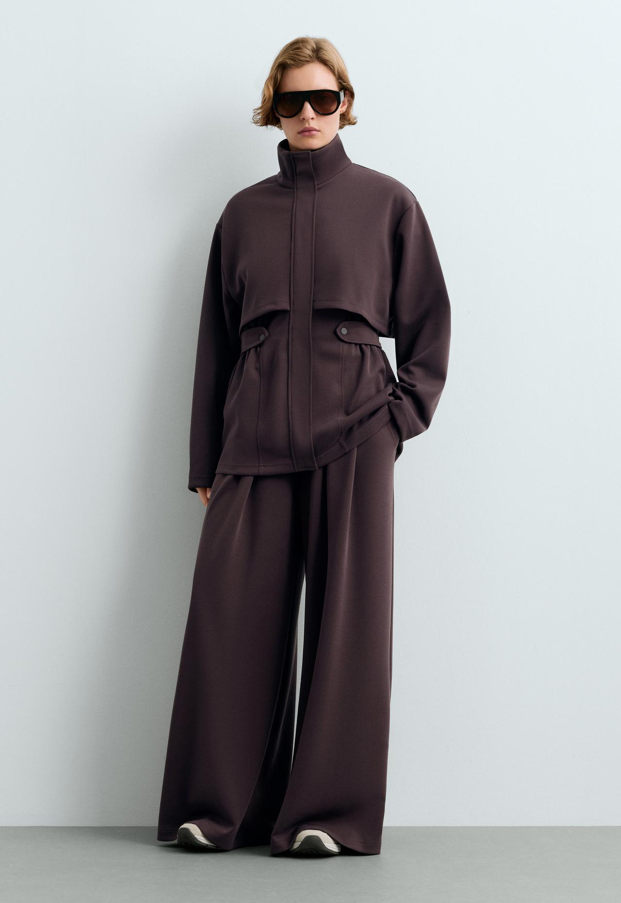 Long piqué jacket with belt — Purplish brown